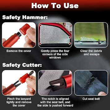 2Pcs Car Window Breaker with Holders, Life Hammer with Seatbelt Cutter | 2-in-1 Portable Window Breaker and Seat Belt Cutter with Test Glass and Whistle for Car Safety (Red and Black)