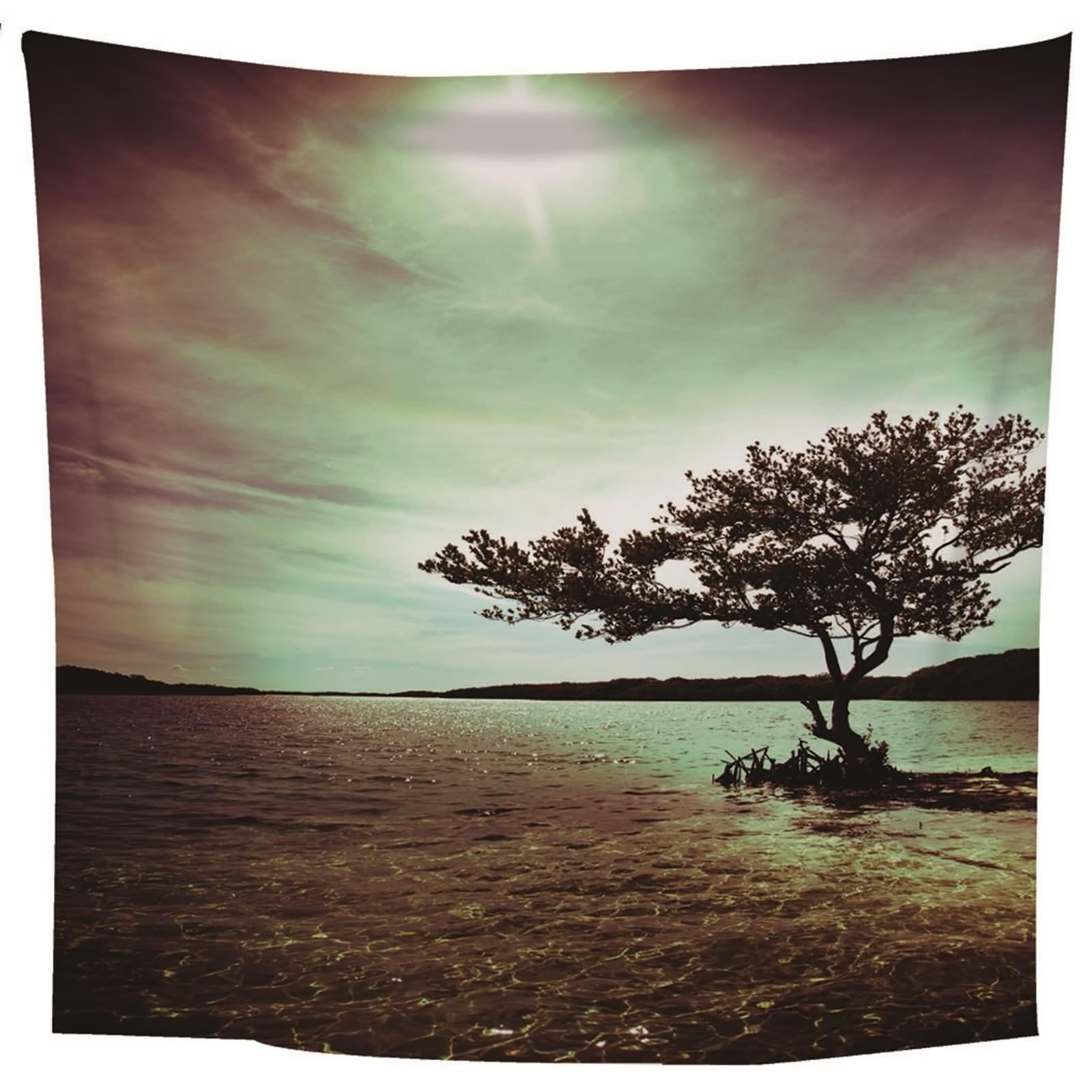 Tapiz tela, tapiz para recámara, para colgar en la pared, árbol en el mar al anochecer, multicolor de poliéster, 118.1 x 102.4 pulgadas (300 x 260 cm)