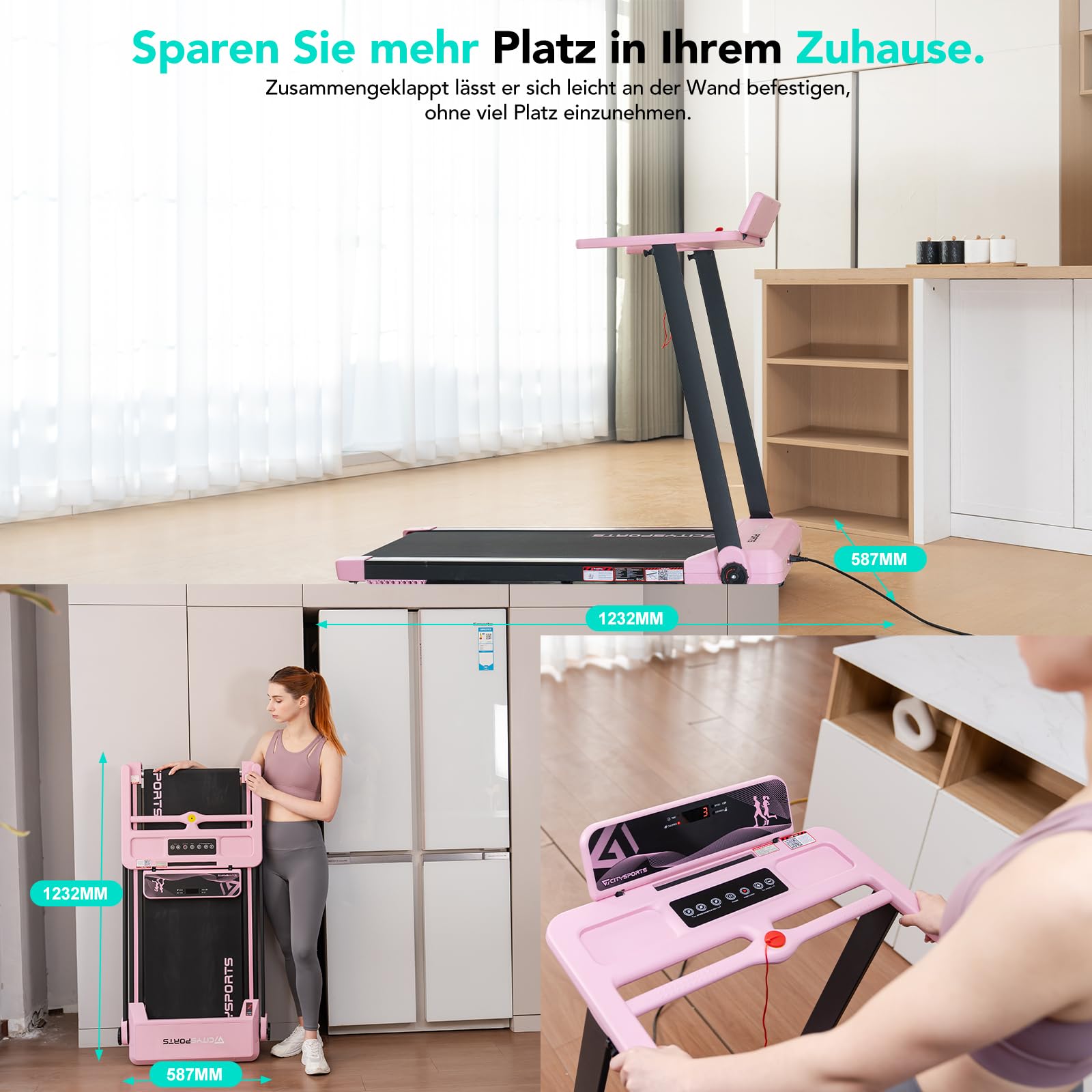 CITYSPORTS Elektrisches Laufband,Klappbares Laufband für Zuhause bis 12 km/h,mit LED-Anzeige,APP und 360° Tablet Holder,kompakte Walking Pad für Zuhause und Büro (Pink)