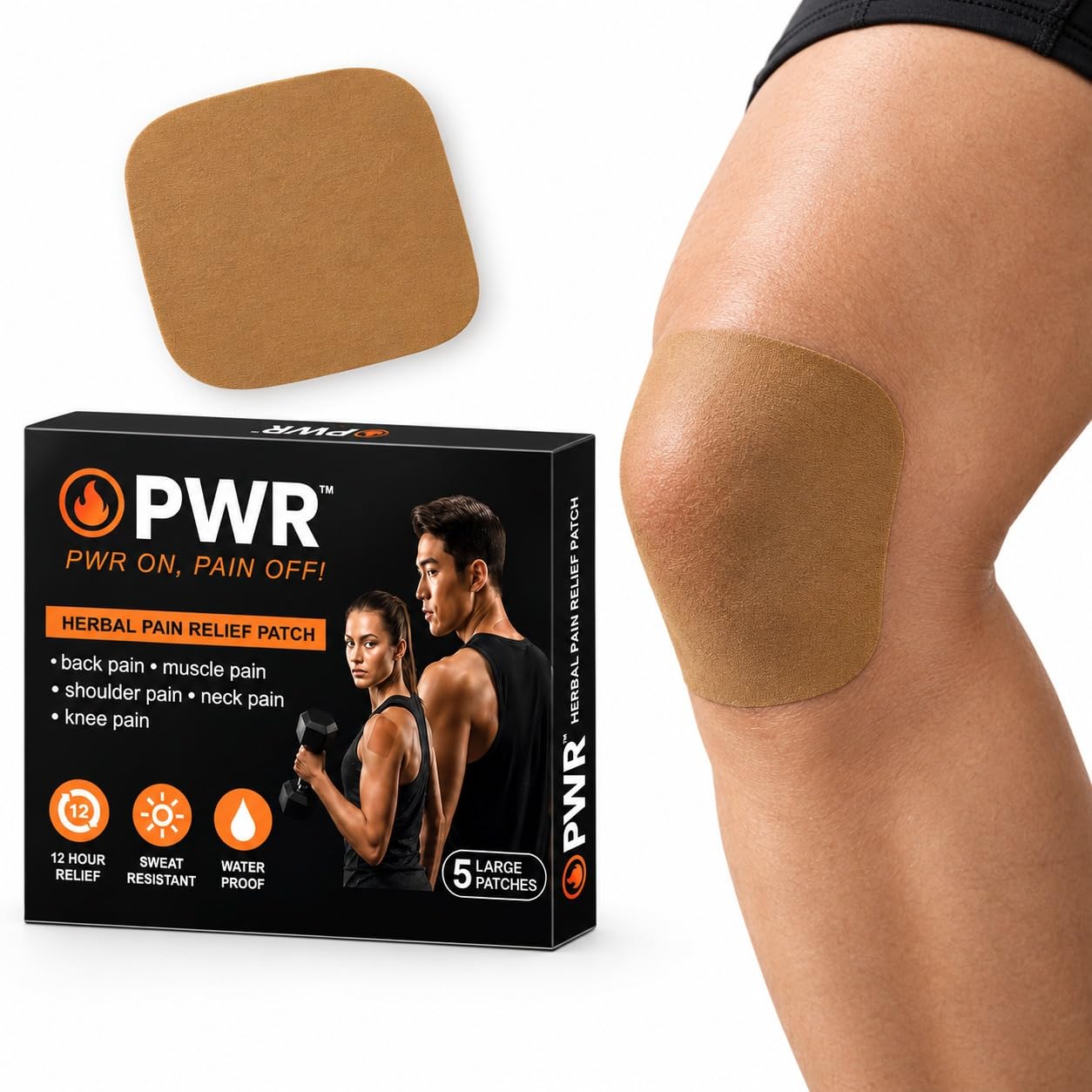 PWR Pain Relief Patch | Pack of 5 Large Patches | 12-Hour Targeted Pain Relief for Back, Neck, Shoulder, Knee & Muscle Pain | Waterproof, Sweat-Resistant | No-Smell Herbal Ayurvedic Pain Relief Patches