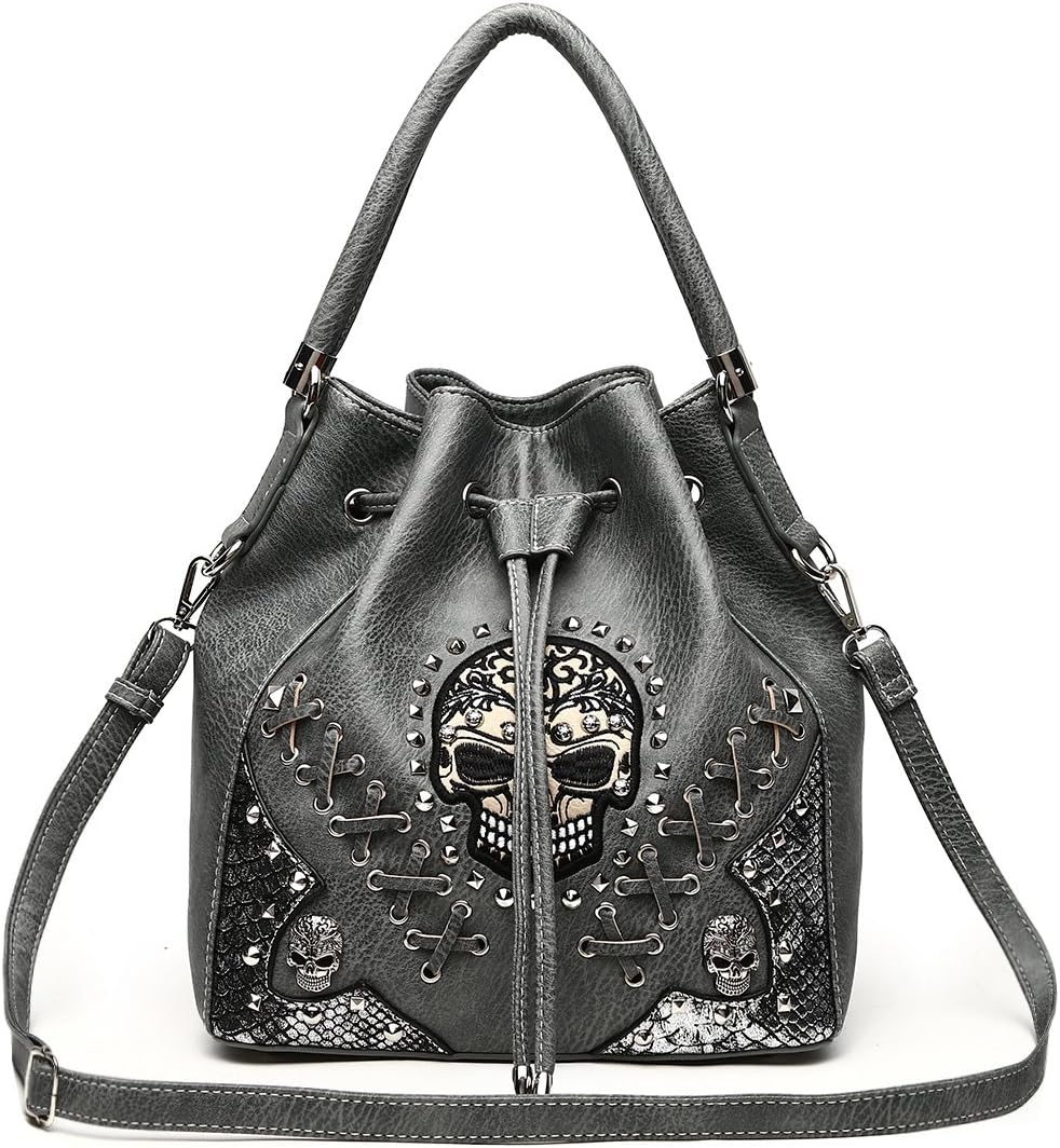 Punk Gothic Rock Metallic Skull Rivet Studded Skeleton Purse Sugar Skull Women Handbag Fashion Shoulder Bag Wallet Set - Image 2