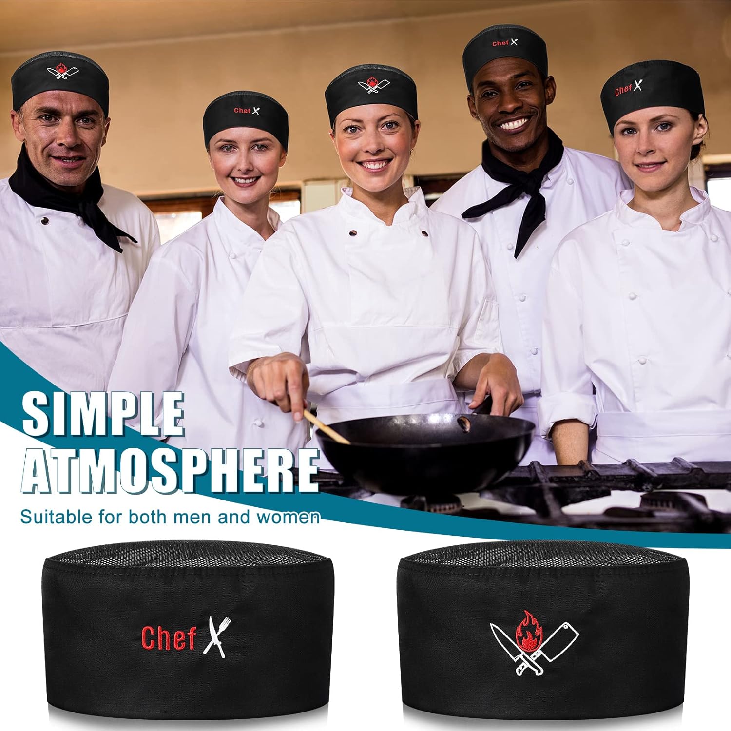 6 Pieces Black Chef Hats for Men Women Adjustable Kitchen Cooking Chef Skull Cap Fabric Breathable Mesh Baker Works Hats for Adults Cooking Baking Barbecue Party and Home Restaurant School - Image 4