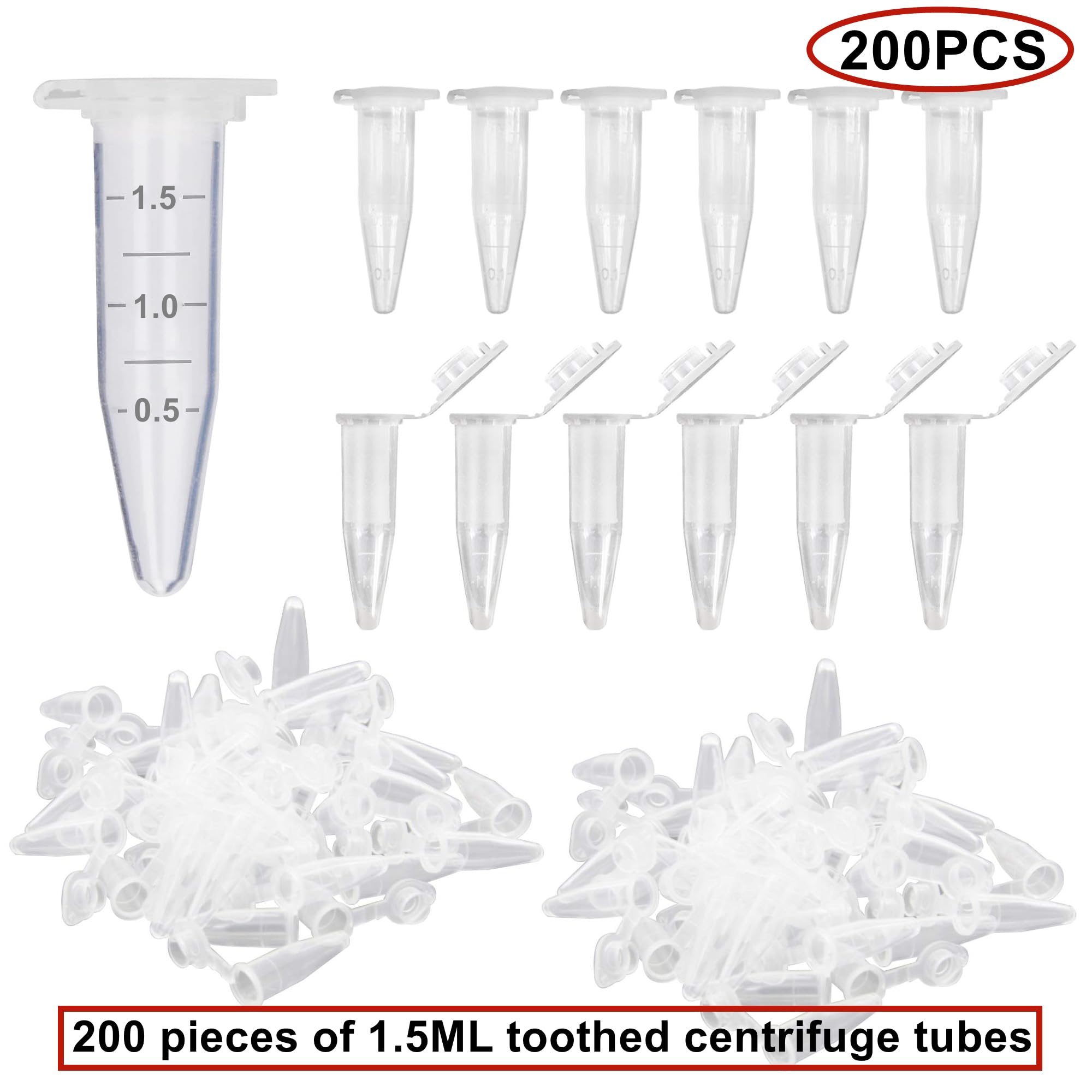 HUAZIZ 200 Pezzi 1,5 ml Plastica Centrifuga Provetta con Testa a Punta, Micro Provette da Laboratorio Conical Centrifuge Tubes Trasparente Graduata di Polipropilene con Tappo Piatto