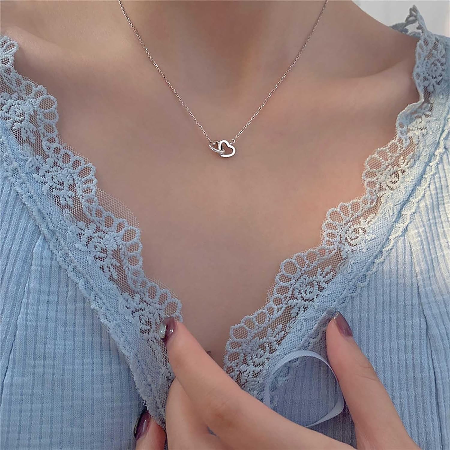 Boho Interlocking Heart Necklace Vintage Double Heart Pendant Necklace Shiny Crystal Love Heart Necklace Choker Silver Floating Open Heart Necklace Chain Jewelry for Women - Image 3