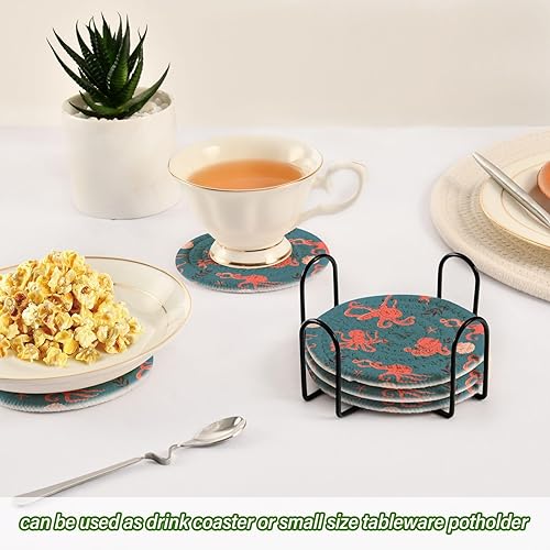 Miniatura 6 de innewgogo Octopuses Starfish Seashells 6 Pcs Absorbent Drink Coasters for Tabletop Protection Handmade Round Woven Coaster with Holder & Heat Water