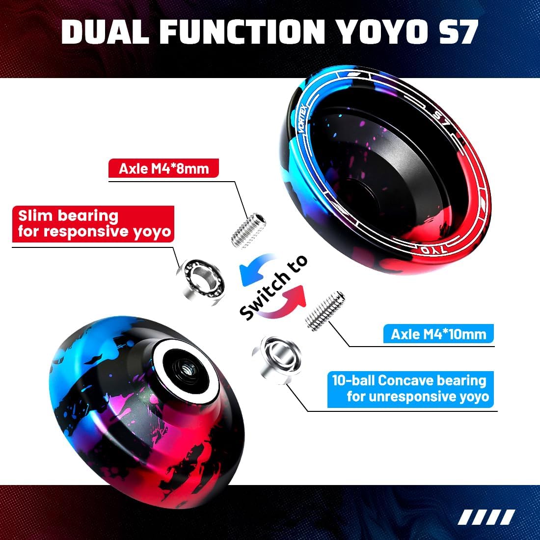 7YO S7 Responsive Yoyo for Kids 8-12, Dual Purpose Yo Yo Professional Yoyos with Case, Bearing Tools, 10 Strings - Black Blue Red