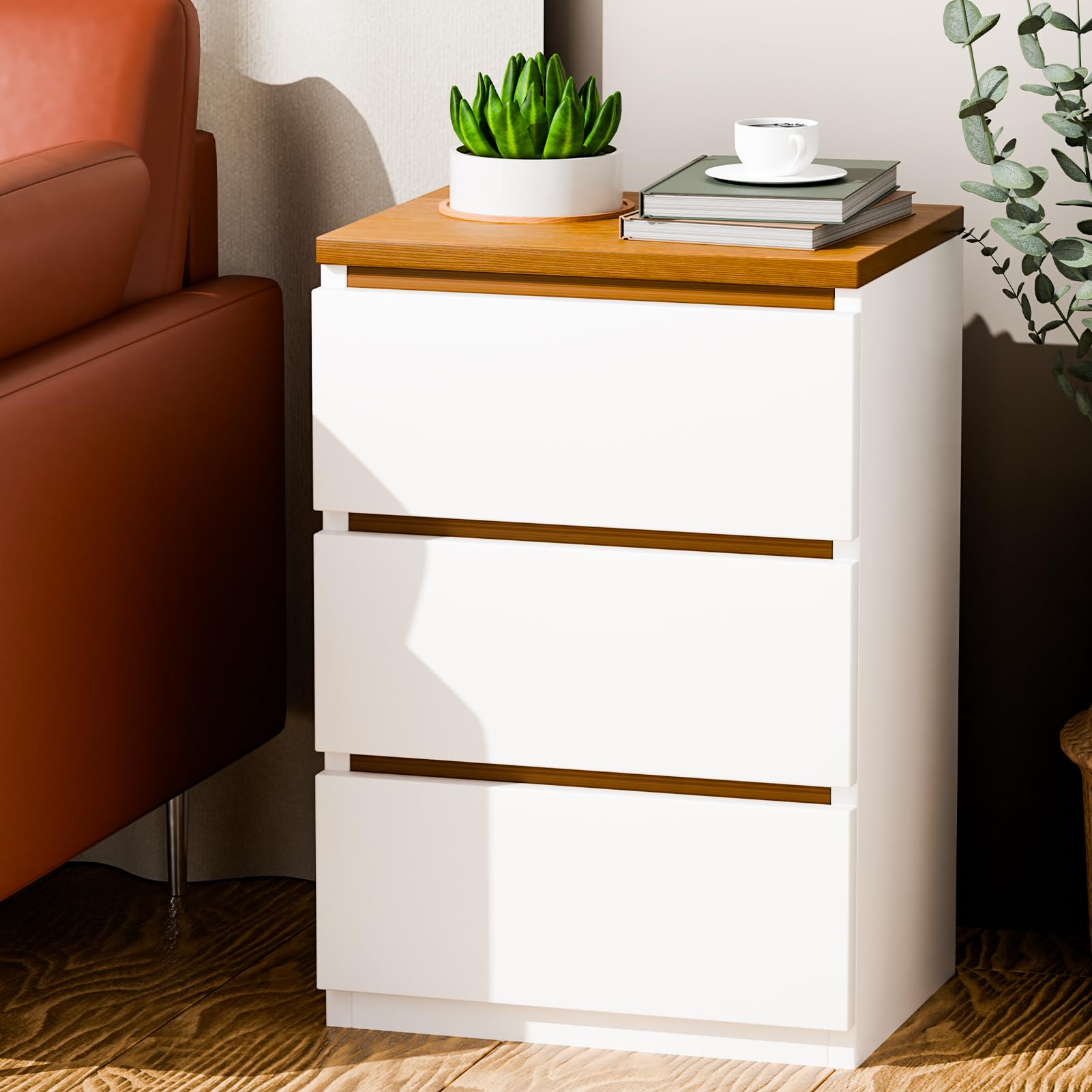 Reheyre Mesita de noche moderna, minimalista de 23 pulgadas de altura con 3 cajones, mesita de noche que ahorra espacio para dormitorio, sala de estar, mesa auxiliar resistente y duradera de 4