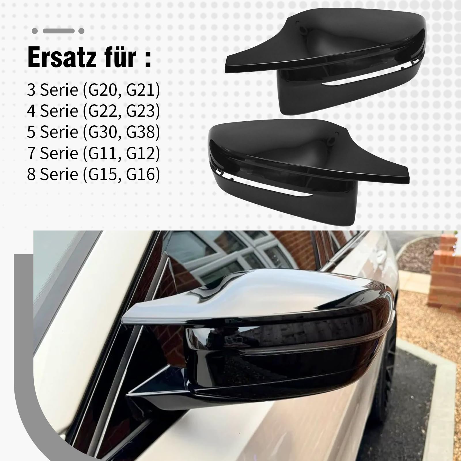 Copriretrovisori auto, sostitutivi per BMW 3 4 5 7 8 Serie G20 G21 G30 G38 G22 G23 G11 G12 G15 G16, coperture retrovisori nere lucide (1 coppia)