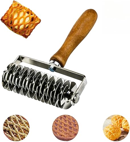 Pastry Lattice Roller Cutter, Stainless Steel Lattice Dough Cutter Lattice Pie Crust Cutter with Wooden Handle for Pie Pizza Bread Beef Kitchen