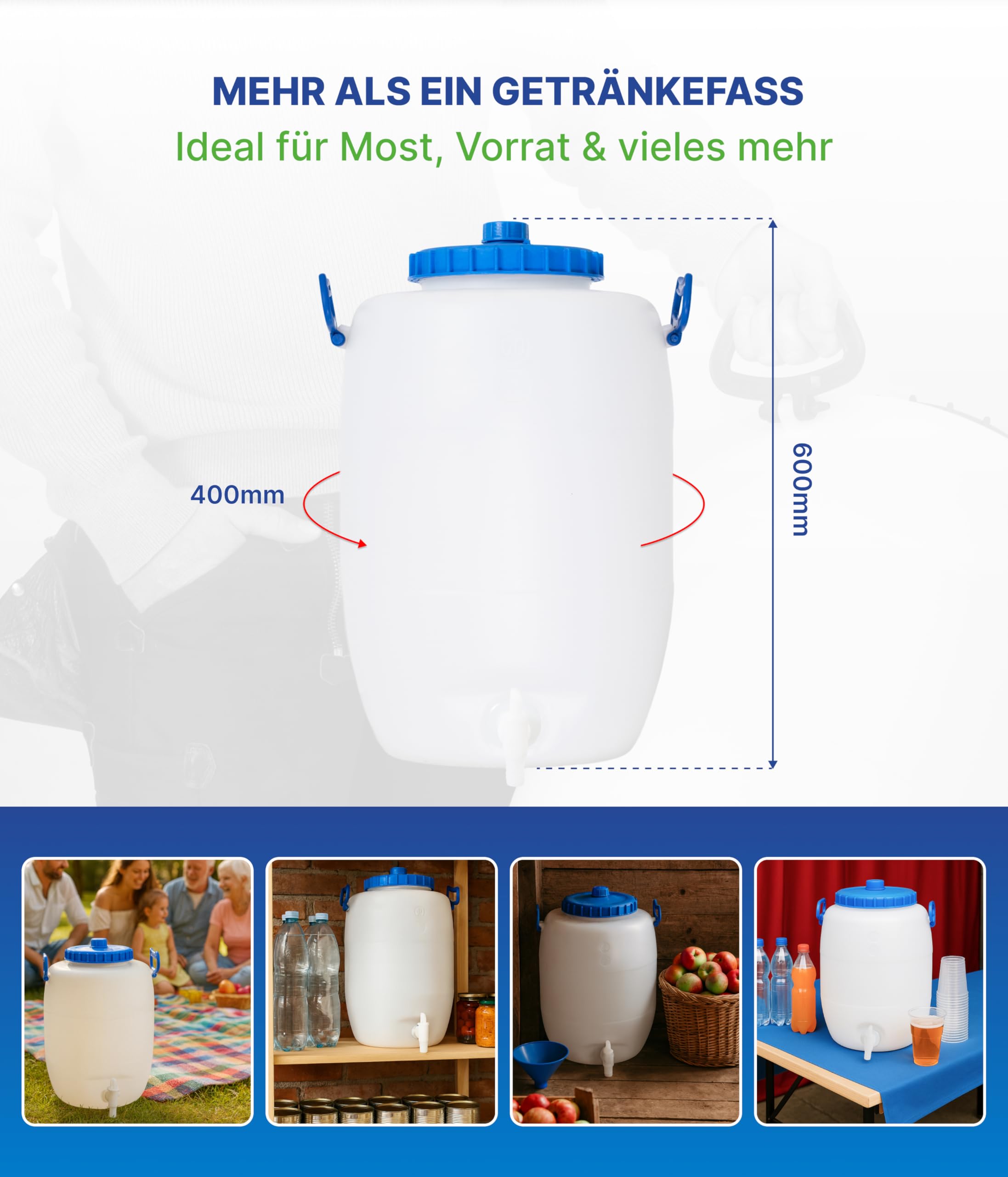 Hessentaler Container® Getränkefass 60L – Lebensmittelechtes Weithalsfass mit Deckel & Hahn – Made in Germany – extrem stabil, chemikalienbeständig, leicht zu reinigen – ideal für Most, Wein & Wasser