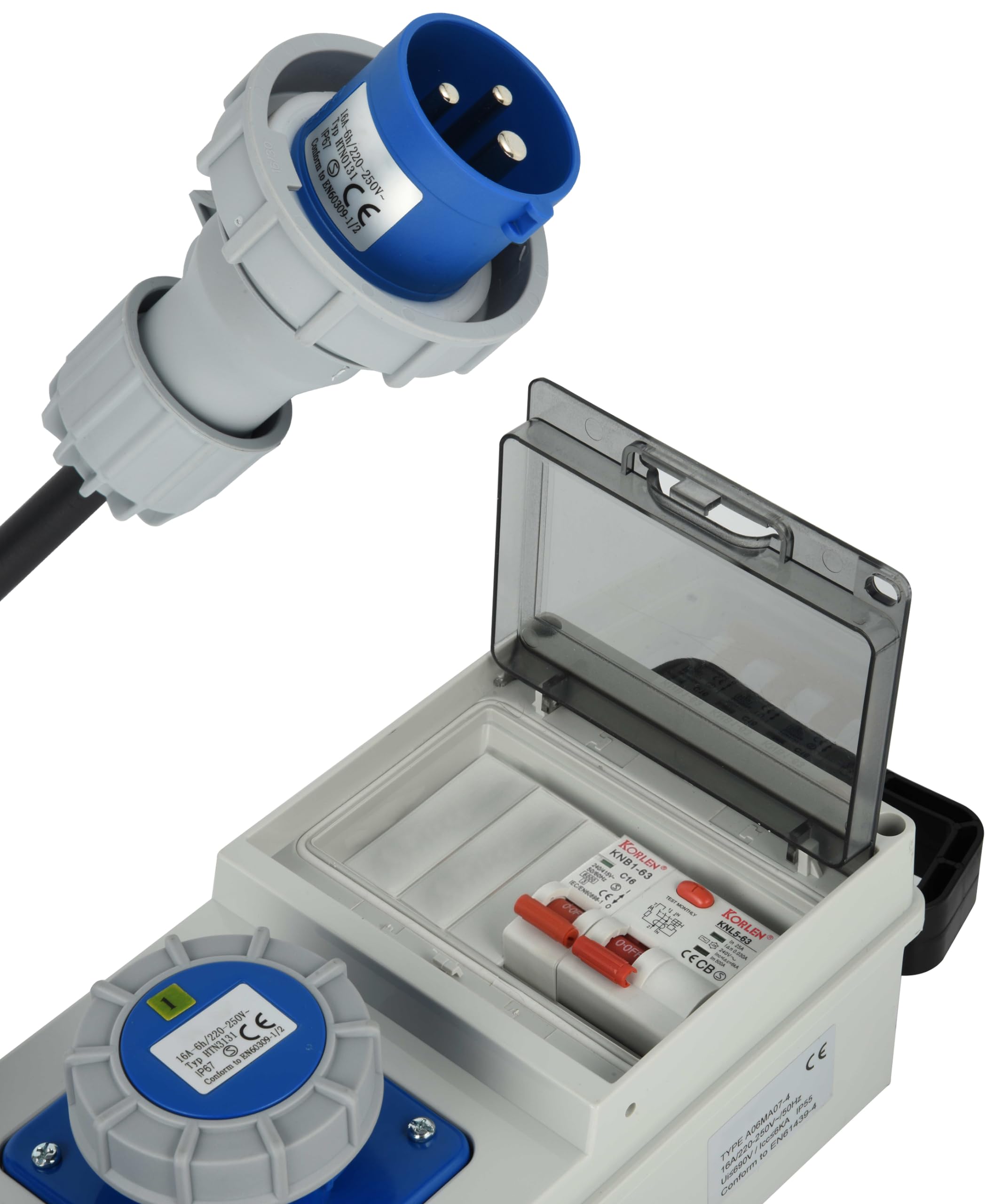 Electraline 60426 Quadro Elettrico di Distribuzione 3 Prese Industriali CEE, Spina CEE, Cavo 1.7M H07RN-F 3G2.5, IP67, con interruttore differenziale RCD 30ma + interruttore di sicurezza MCB