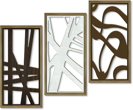 Putuo Decor 3PC Geometric Abstract Art Wall Decor Set, Modern Minimalist Line Cut Wall Art for Living Room, Brown and White Wooden Frame Abstract Wall Decor for Bedroom and Home Decoration