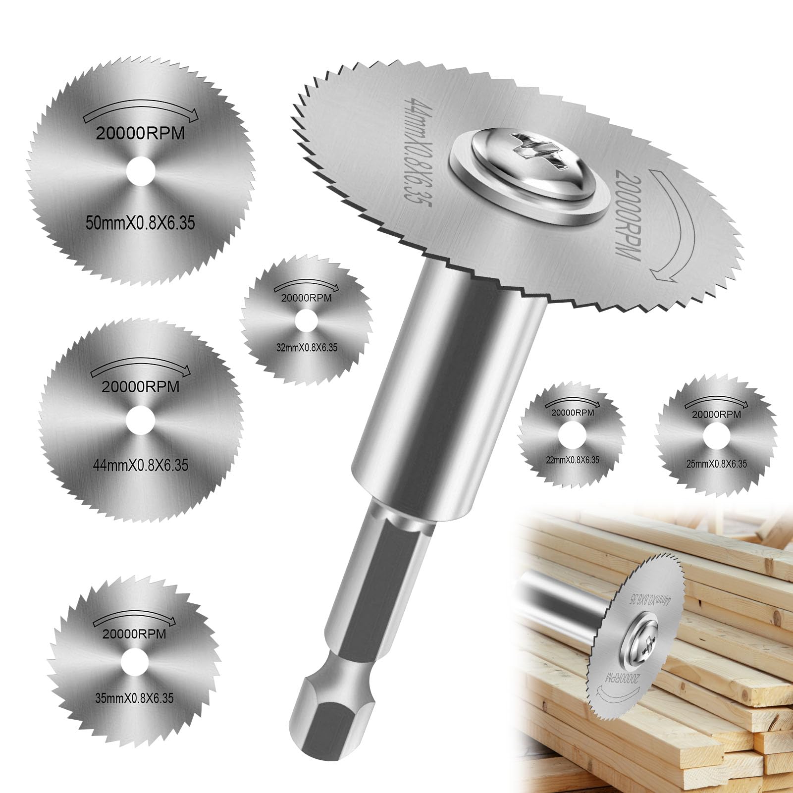 1/4-Inch Hex Shank Rotary Drill Saw Blade Set with 6PCS Cutting Discs, 60mm HSS Circular Saw Blades for Drill Rotary Tools, Wood, PVC Pipe, Plastic, and Soft Metal Cutting