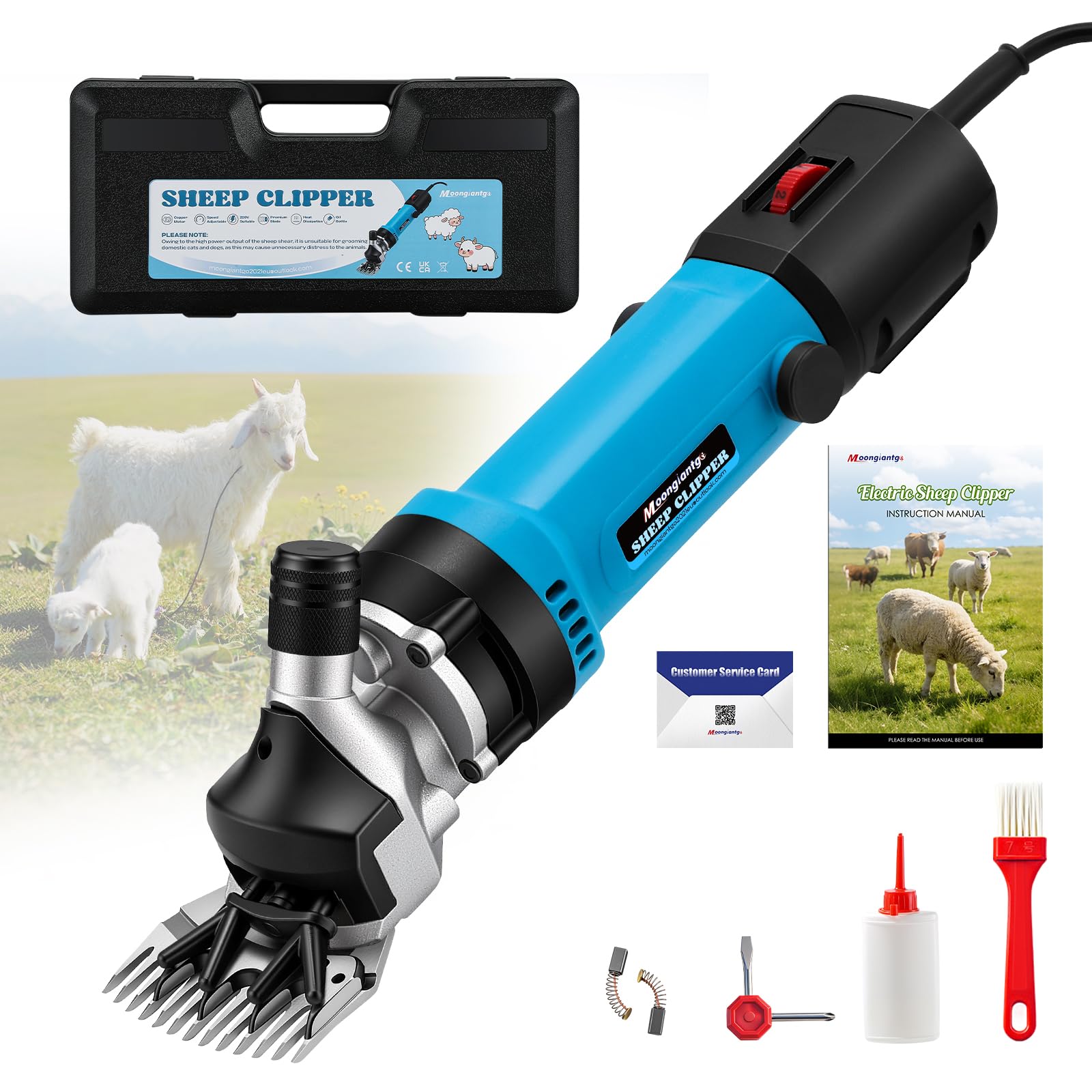 Moongiantgo Esquiladora Eléctrica para Ovejas 1000W 2400 RPM, Máquina de Esquilar Profesional con 6 Velocidades Ajustables, Cortapelos para Cabra, Alpaca, Maletín/Aceite/Destornillador (Azul)