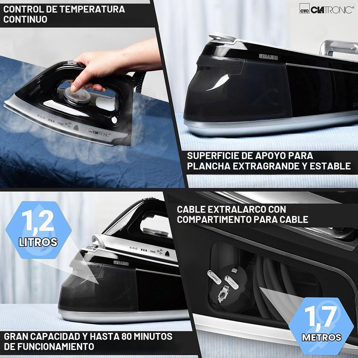 Centro de planchado a vapor Clatronic con plancha de vapor | 3,5 bar | plancha de vapor con suela Superglide y depósito de agua de 1,2L | 80 min. de autonomía | 2400W | con sistema antigoteo |DBS 3749