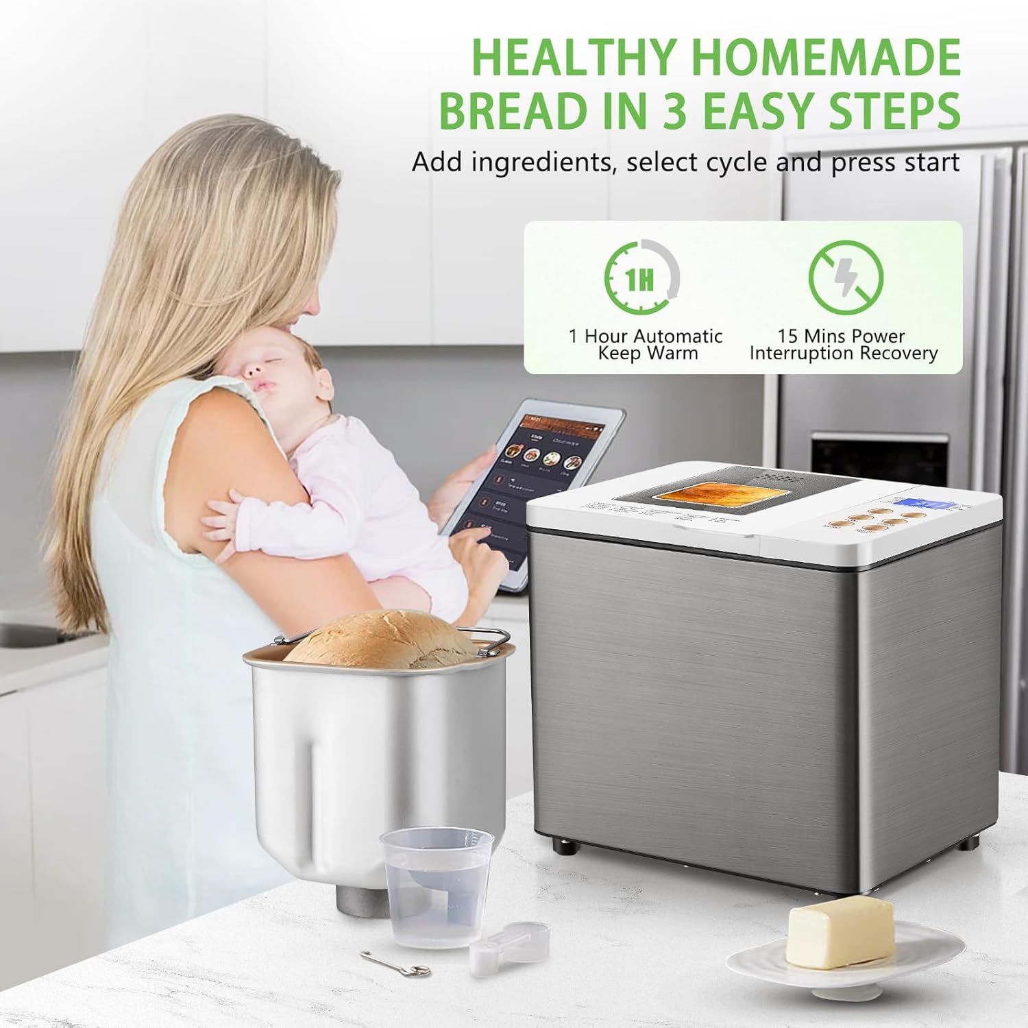 A person placing the bread pan into the KEEPEEZ Bread Machine, illustrating the setup process.