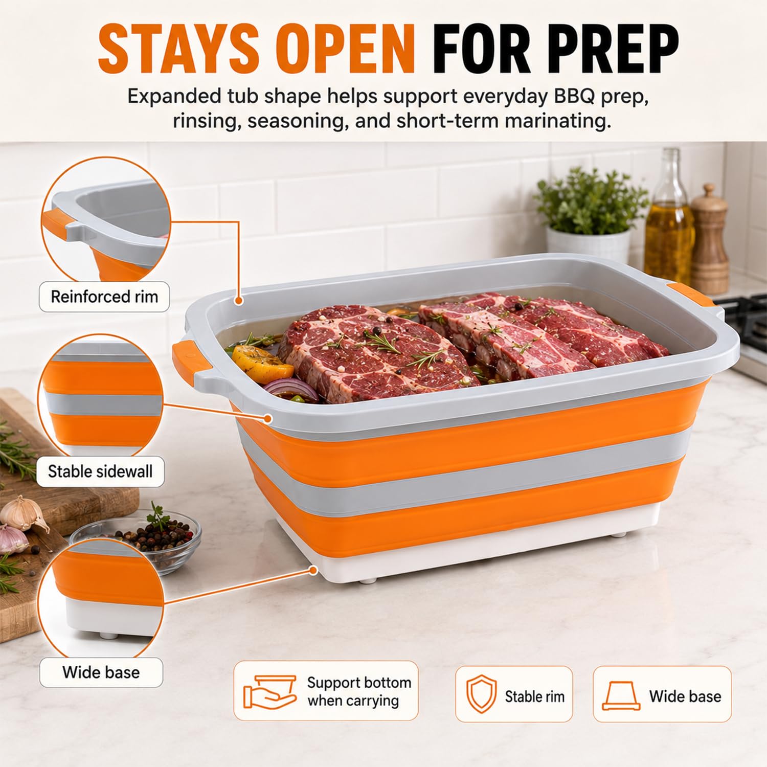 Tina de preparación para barbacoa, 30 L, color naranja, estación de preparación para parrilla XXL para cocinar | Tina de preparación de parrilla de 30 litros para cocinas, camping, servir y limpiar
