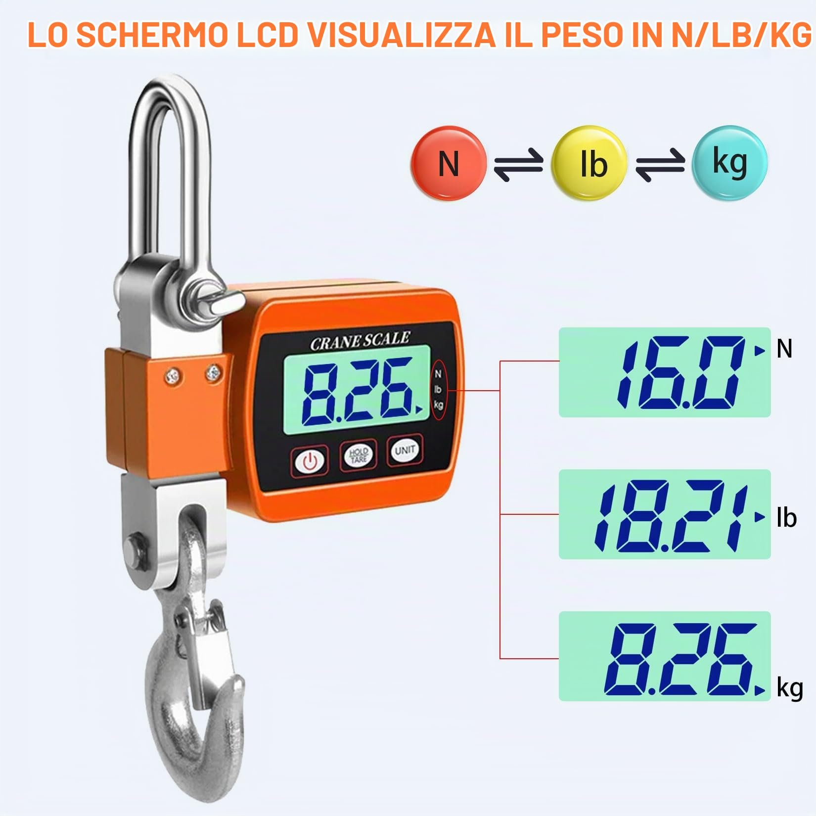 Idota Bilancia per gru, 500 kg, digitale, LCD, per pesca e wharf (arancione)