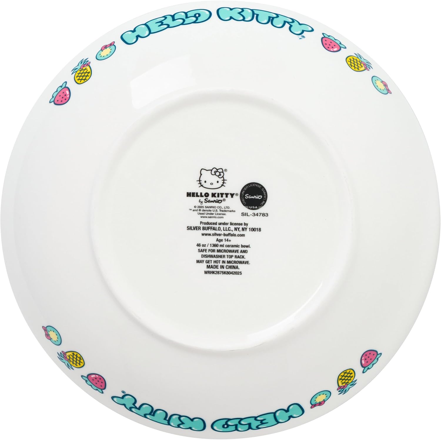 Silver Buffalo Sanrio Hello Kitty Fruit Rainbow, Ceramic Pasta Bowl, 9in