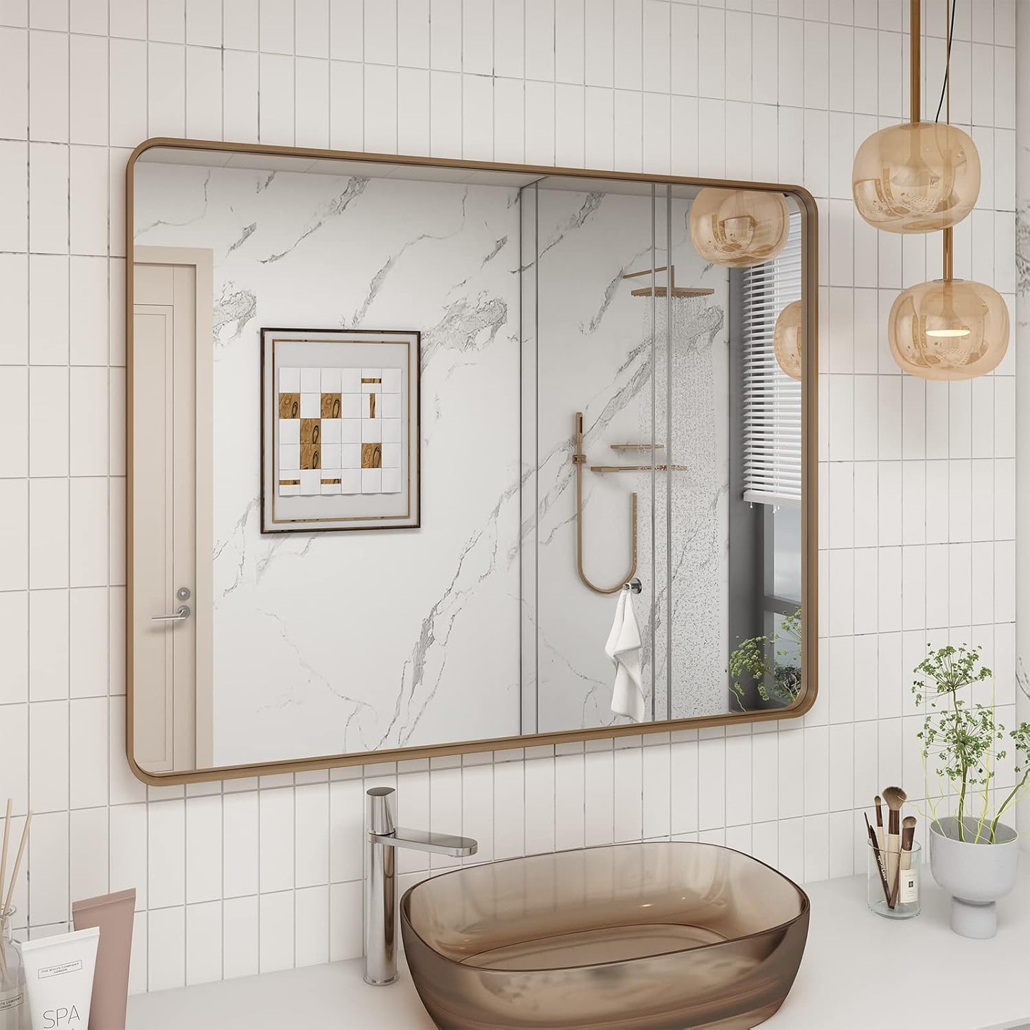 40x30 Gold Bathroom Mirror, Brushed Metal Frame Vanity Mirror, Modern Gold Rectangle Mirror, Rounded Corner, Shatterproof, Anti-Rust, Rose Gold(Horizontal/Vertical) 40"L x 30"W Gold