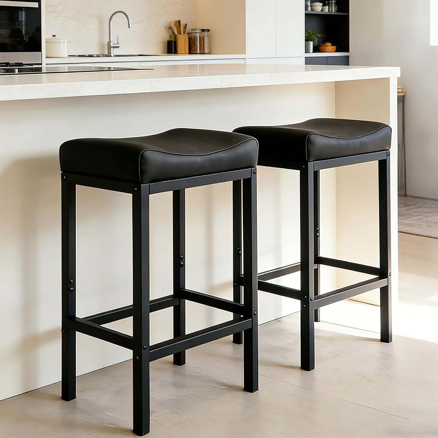 24 Inch Bar Stools Set of 2, 300 LB Heavy Duty Padded Saddle Barstool Chair, Backless Counter Height Bar Stools with Soft Faux Leather Seat for Modern Kitchen Island(01black)