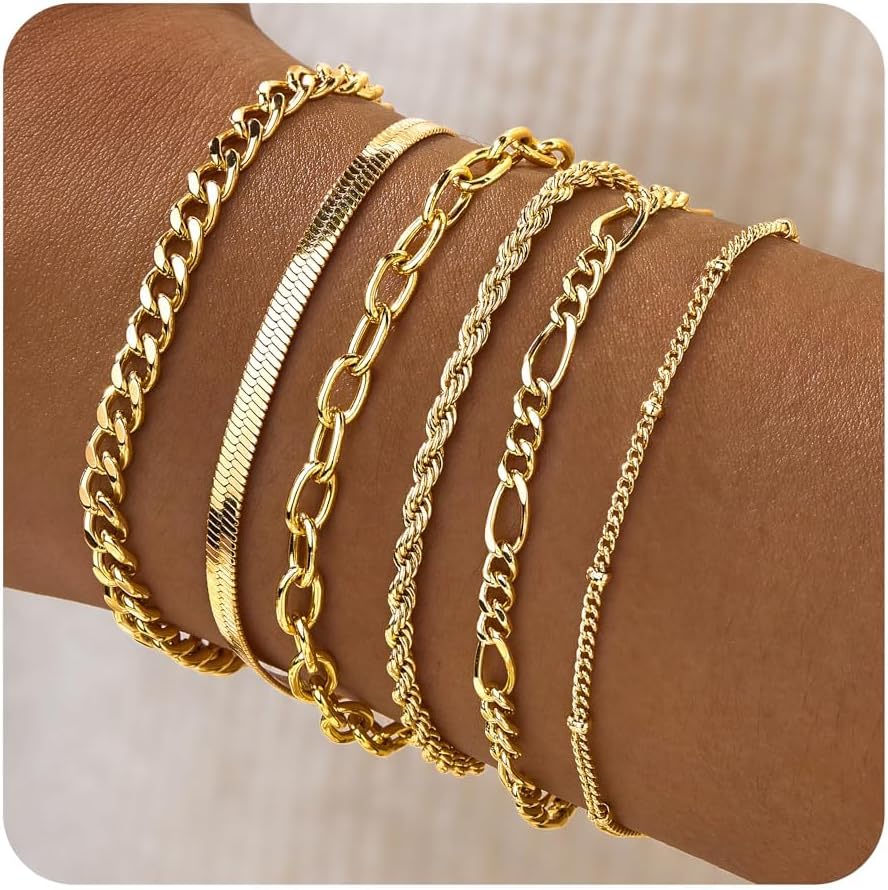 Gold Bracelets for Women Trendy,14K Gold Plated Dainty Stackable Paperclip Cuban Link Chain Bracelets, Simple Cute Cuff Bracelets Jewelry Set Adjustable 7"+2"