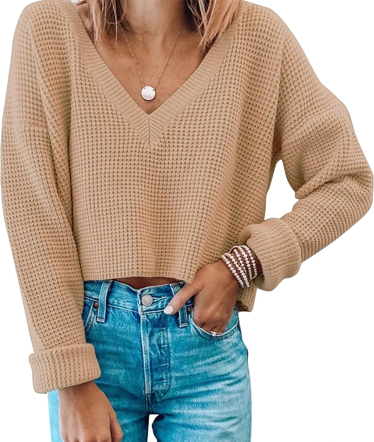 Womens V Neck Waffle Knit Cropped Top Long Sleeve Pullover Crop Sweater