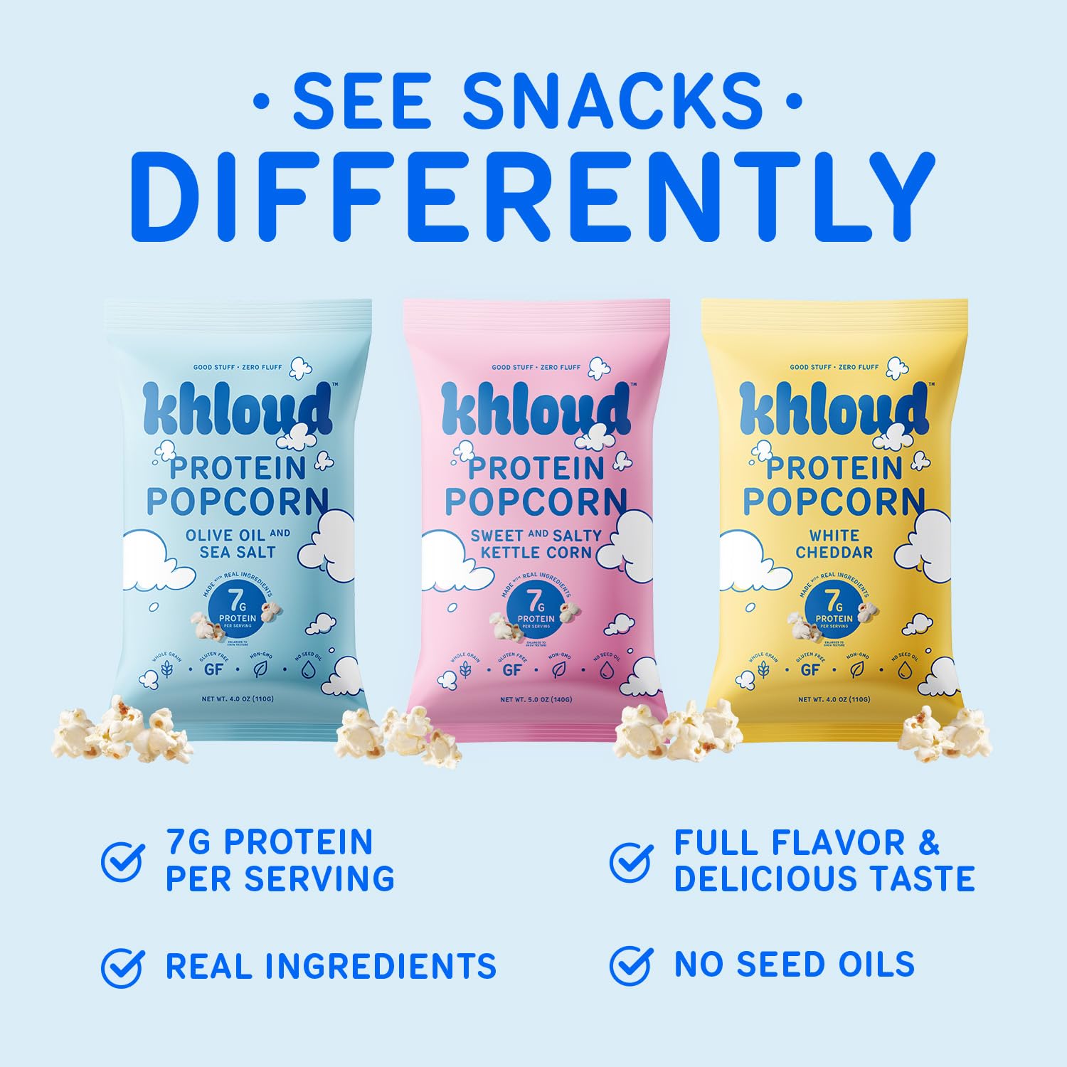 Khloud Protein Popcorn, 6 Pack Variety Pack - Protein Popcorn Made with Real Simple Ingredients & 7g Protein - Non-GMO, Gluten Free & Kosher - Healthy Snacks