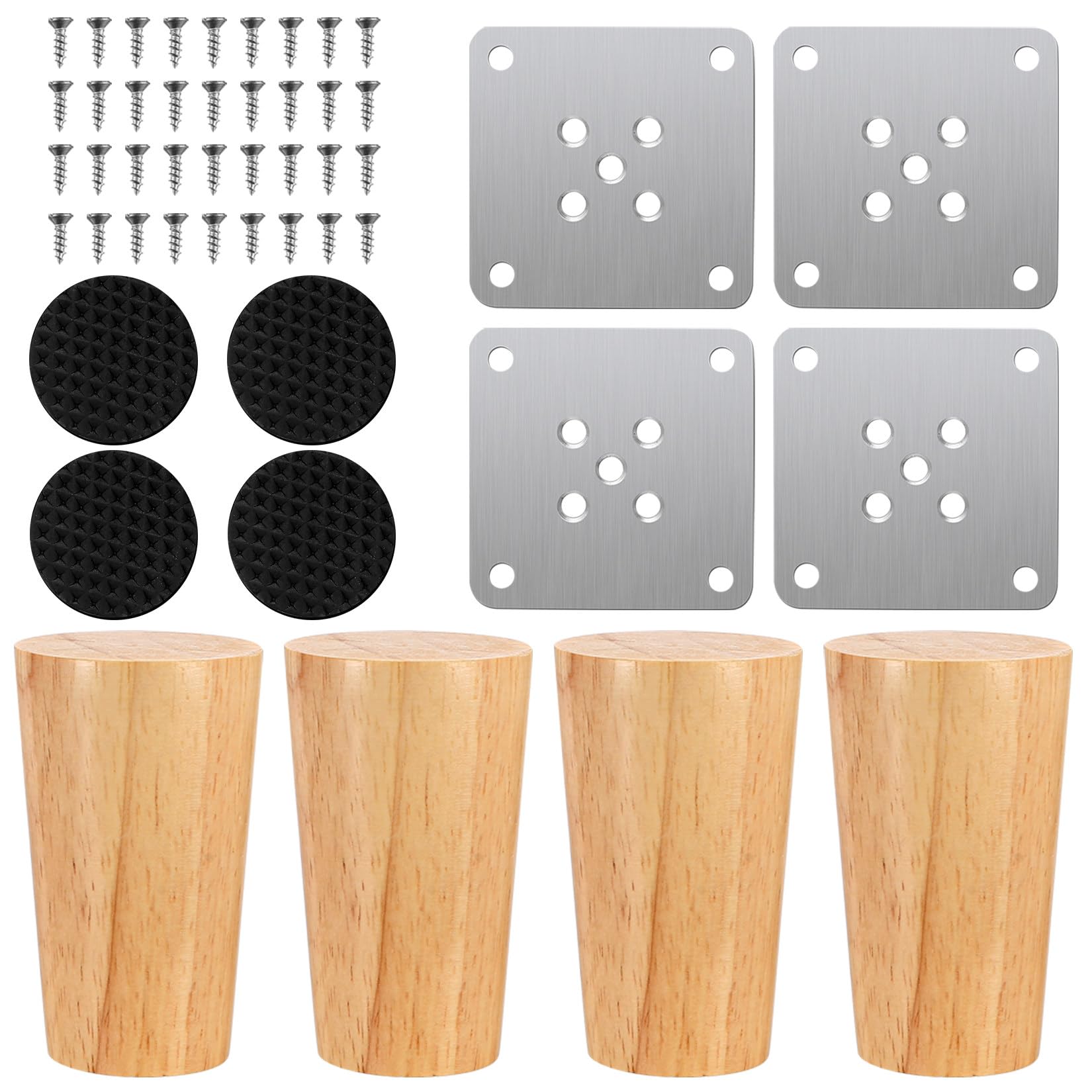 McBlast 4 Pcs Wooden Furniture Legs3.15/8cm Solid Wood Legs for Furniture Feet, Wooden Chair Coffee Table Legs Replacement for Dresser Bed Stool Cabinet Sofa Leg, with Non-Silp Pad, Screws, Plates