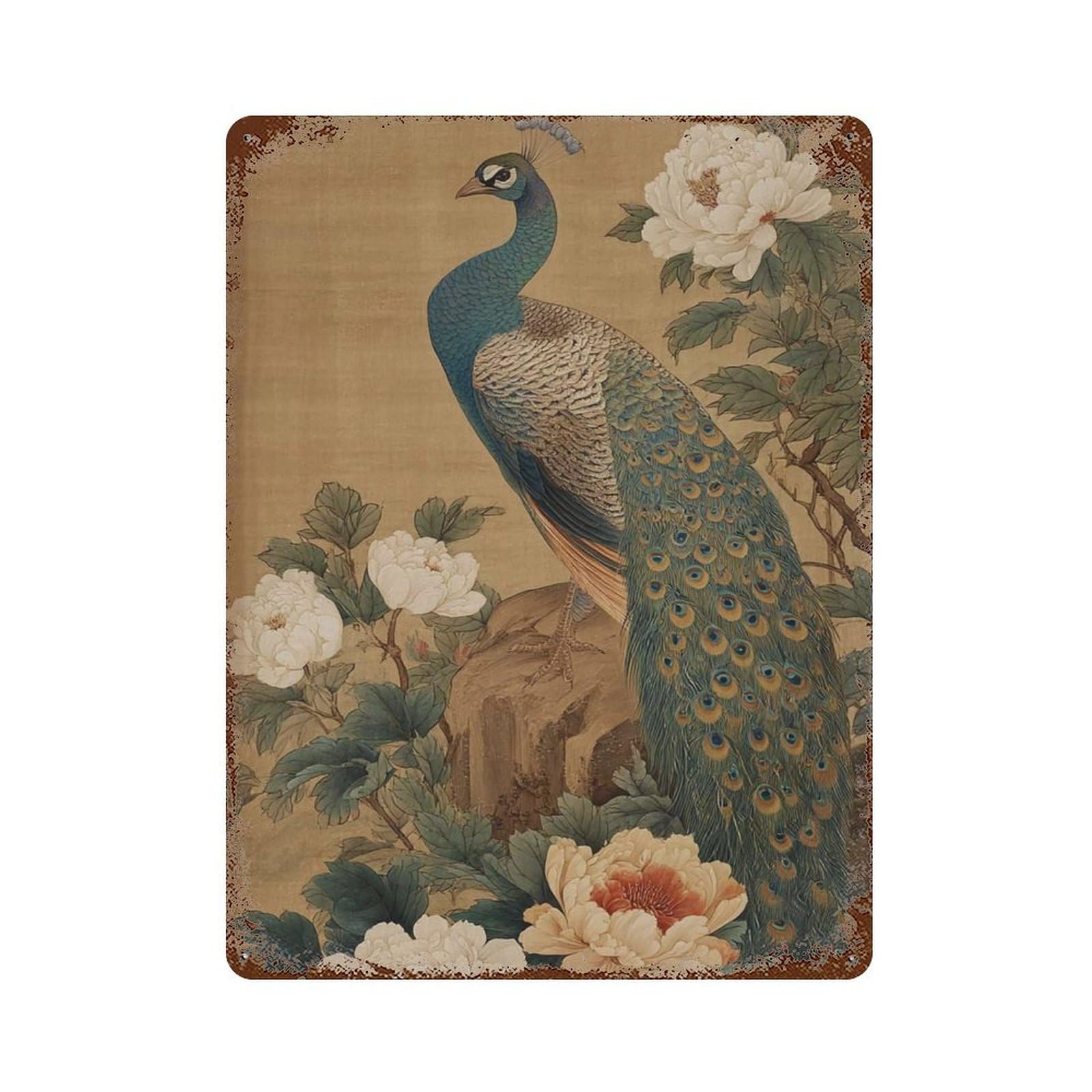 xiaoxiaoshen Oriental Peacock Traditional Asian Bird Design Floral Botanical Antique Nature P Wall Decor Art Metal Tin Poster Modern Home Decor Art Home Bar Shop Decorations Vintage Sign 40x30cm