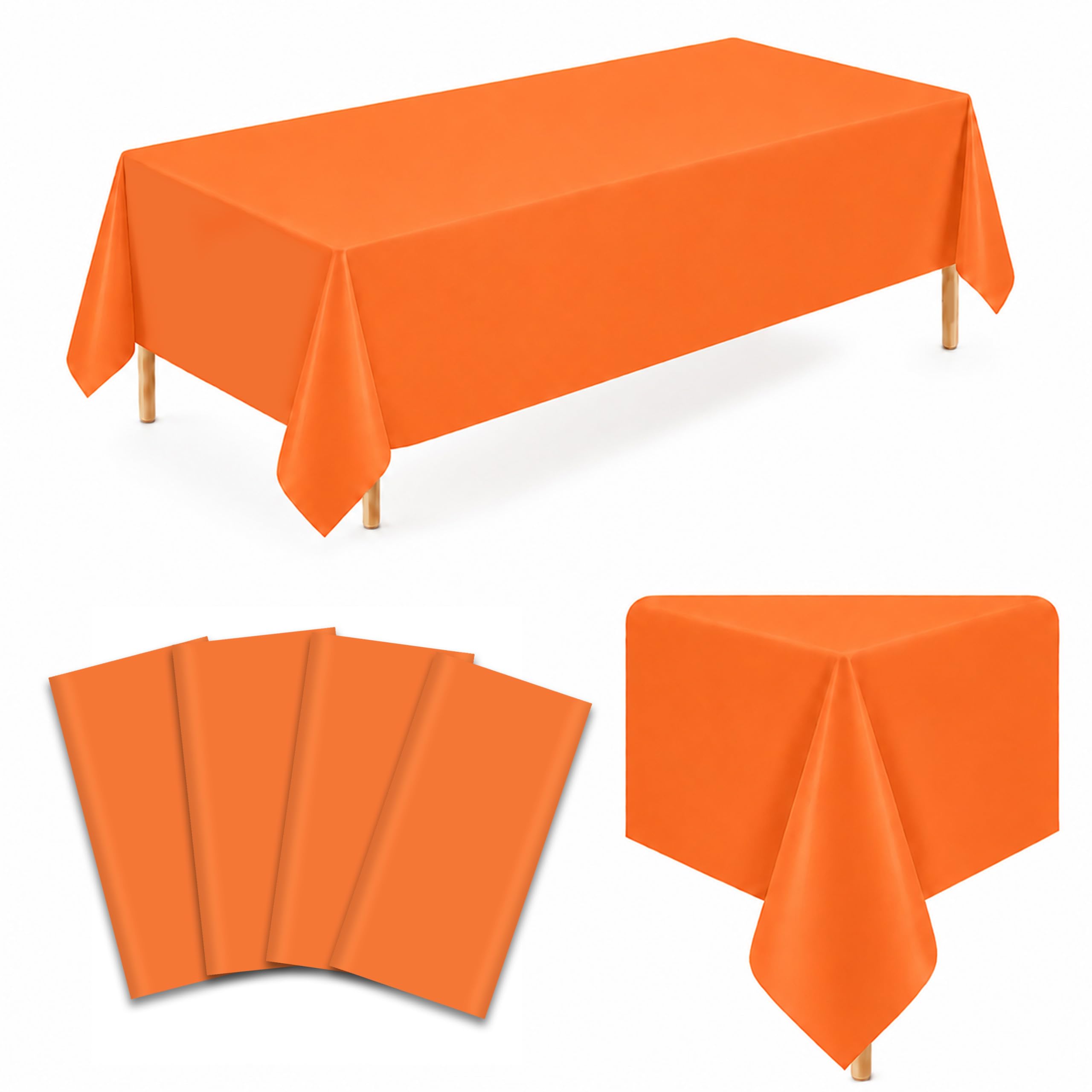 WNINK 4 Pack Orange Plastic Tablecloths, 54 x 108 Inch Disposable Covers