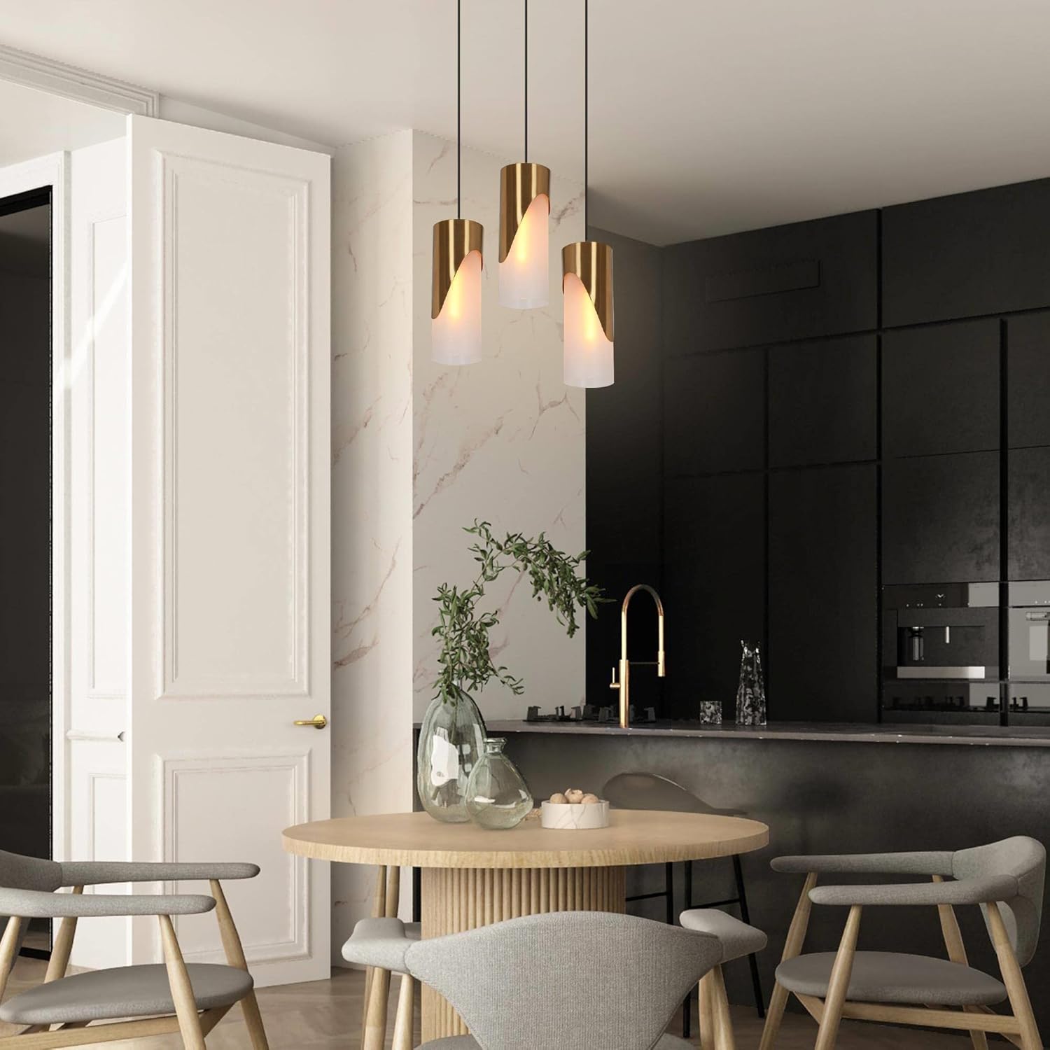 ZEVNI Gold Pendant Lights Over Kitchen Island, Modern Glass Dining Room Light Fixtures, Black Gold Hanging Lights for Bedroom, Foyer