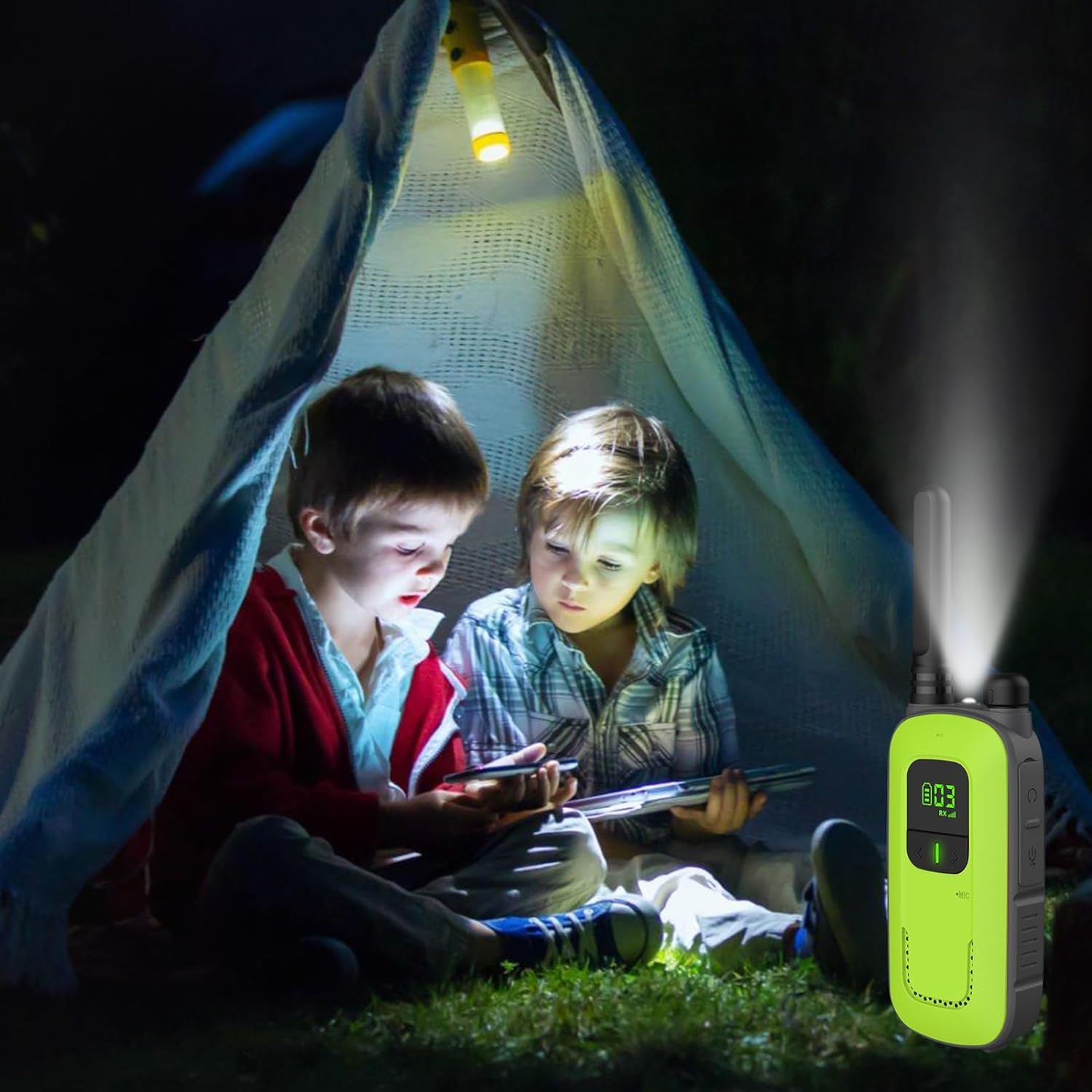 Radioddity PR-T3 Walkie Talkie für Kinder 16 Kanäle PMR446 Funkgerät ab 3 Jahre VOX mit Taschenlampe 4KM Reichweite, 2 Stücke (Blau & Grün)
