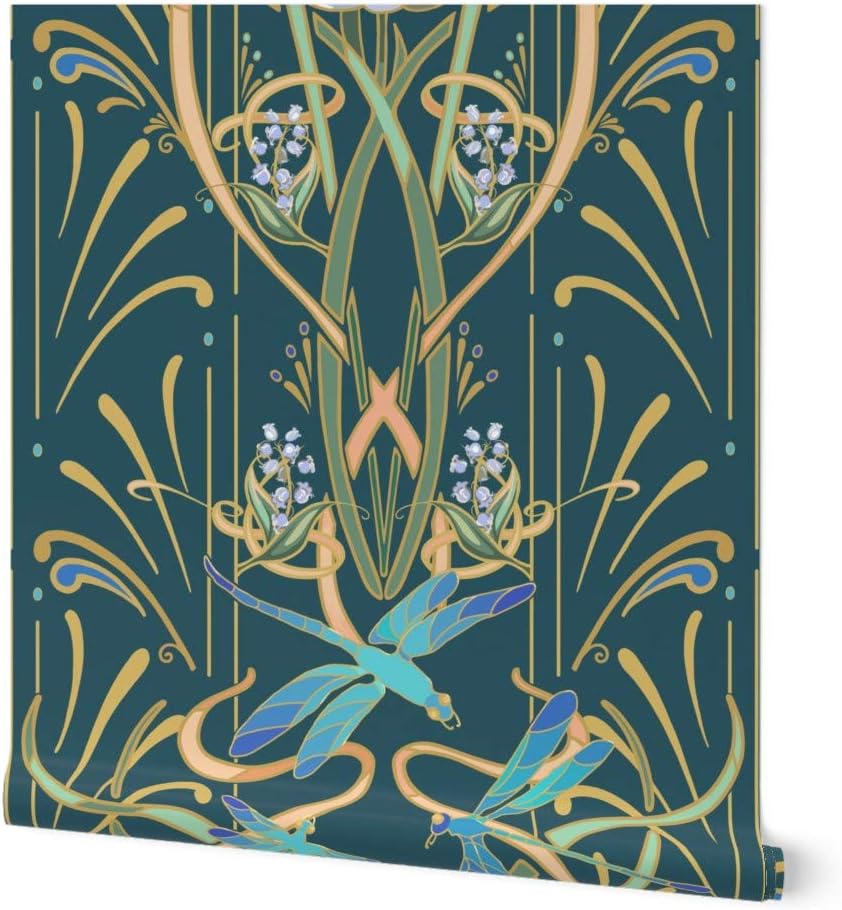 Peel & Stick Wallpaper 3ft x 2ft - Art Nouveau Dragonflies Deep Teal Green Classy Aqua Deco Contemporary Dragonfly Custom Removable Wallpaper by Spoonflower