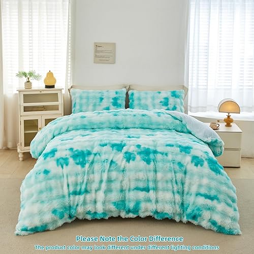 Miniatura 66 de SUCSES Faux Fur Duvet Cover Set Twin Size, Tie Dye Rainbow Plush Shaggy Girls Bedding Set, Soft Velvet Fluffy Fuzzy Ombre Comforter Cover Set