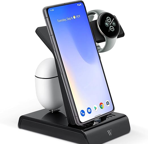 Wasserstein 3-in-1 Wired Charging Station Made for Google Pixel, Pixel Buds, Fitbit Charge 5, 6, Versa 3, 4, Sense, Sense 2, Ace LTE & Pixel Watch 3 - NOT Compatible with Pixel Watch - (Black)