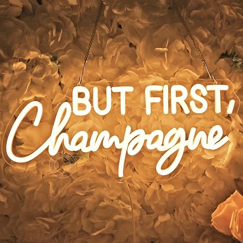 Miniatura 2 de SYLHOME Letrero de luz LED de neón con texto en inglés But First Champagne para el hogar, bar, cocina, hombre, cueva, pub, decoración de boda,