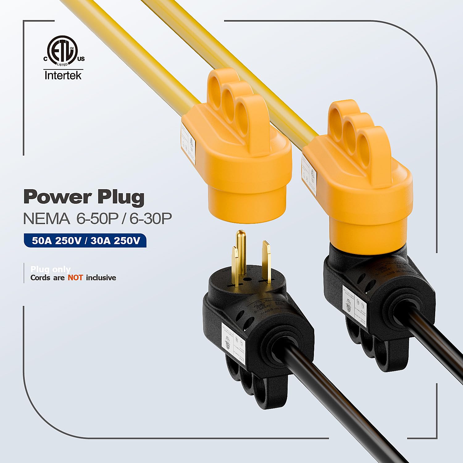 2-in-1 NEMA 6-30P/6-50P 30A/50A 250V ETL Welder Male Plug | Rewirable DIY plug with spare terminal; nylon V0 housing & brass terminals, fits 6/8/10AWG 3C SO/ST/SOW series welder cables