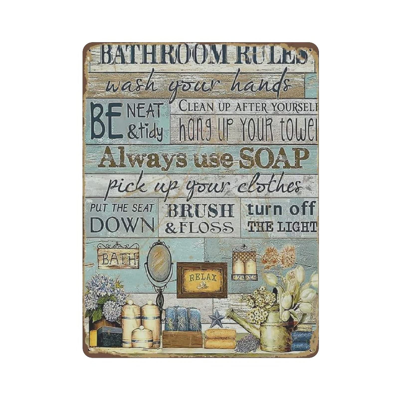 rayprint Bathroom Rules Tin Sign Metal Plaque Art Hanging Iron Painting Retro Home Kitchen Garden Garage Wall Decor 16"x12"