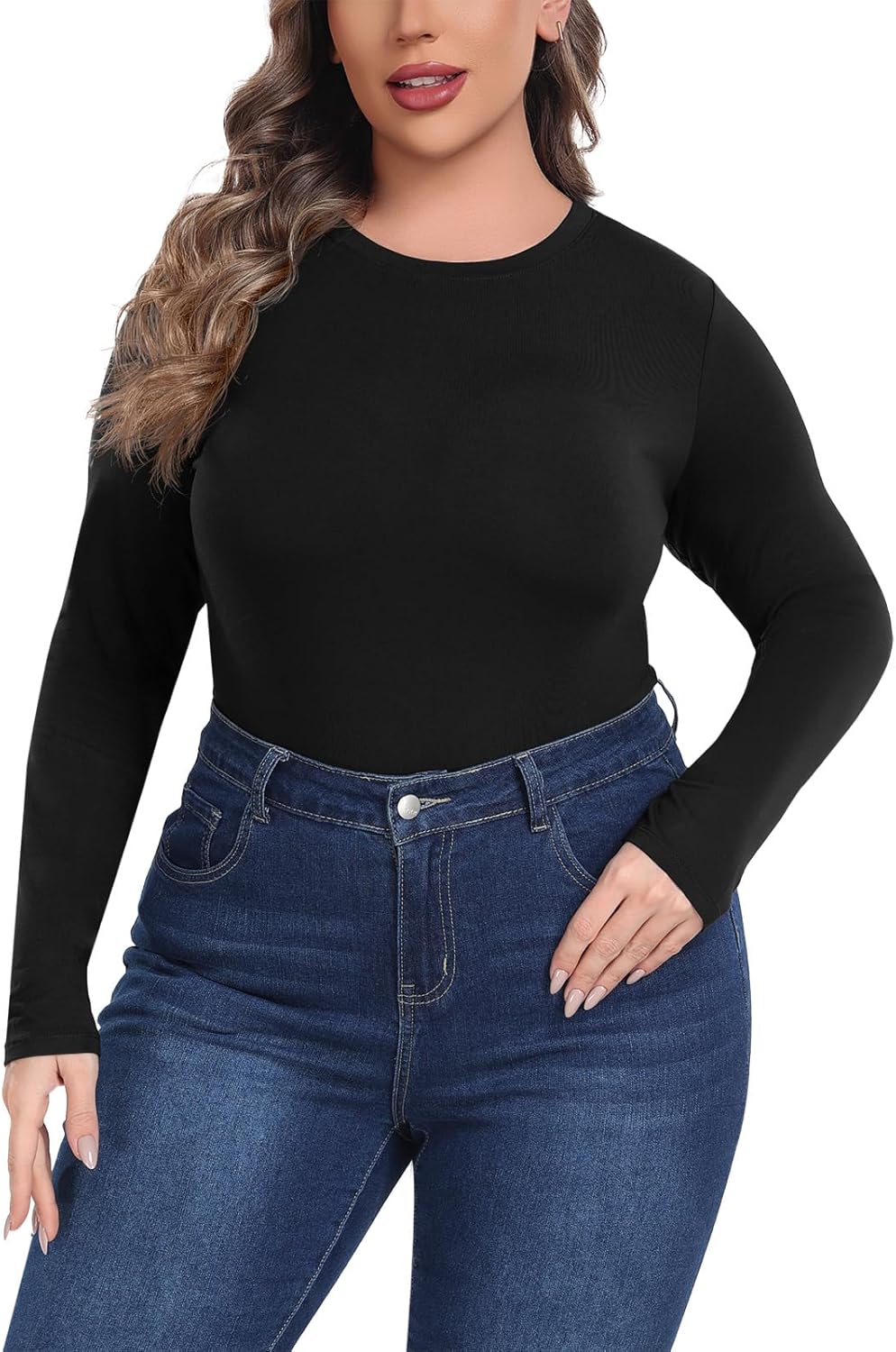 Lastshe Plus Size Bodysuit for Women Casual Fall Long Sleeve Crewneck Stretchy Body Suit Tops - Image 6