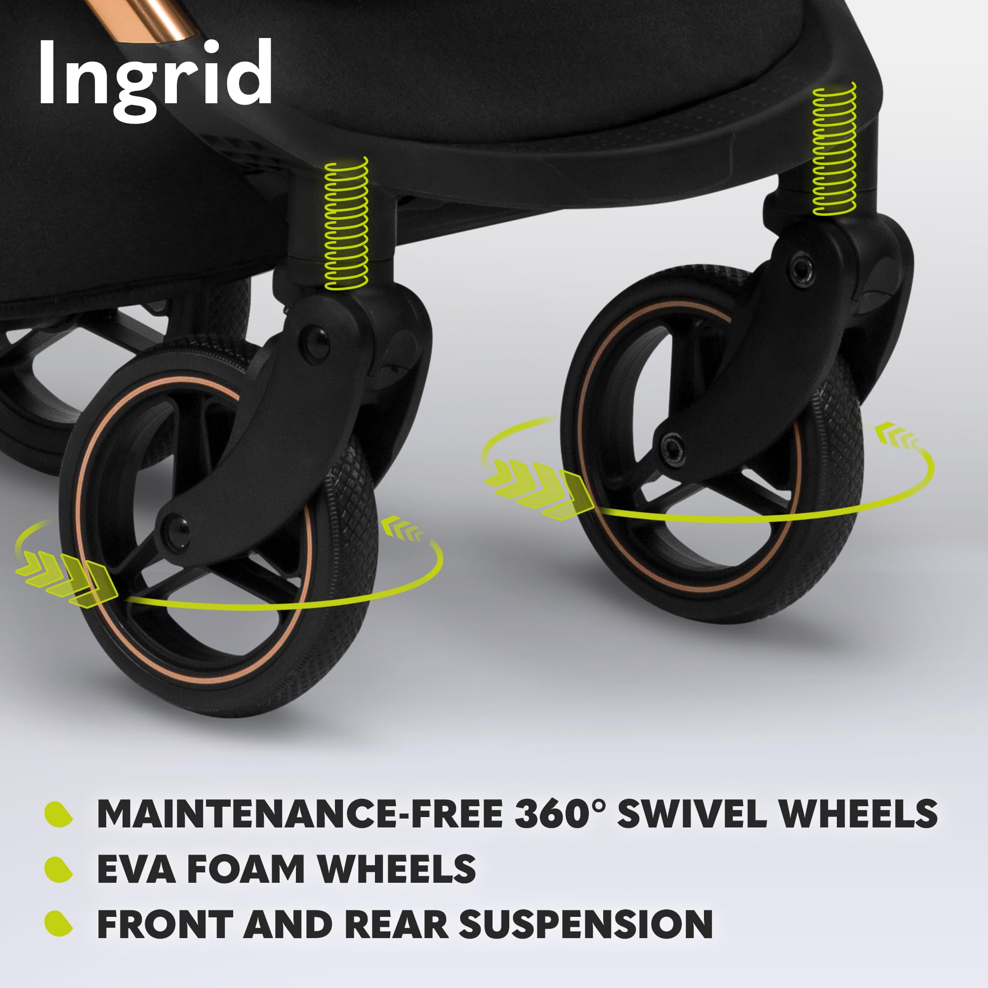 Lionelo Ingrid Poussette légère et compacte de 6 mois à 22 kg, poussette à pliage automatique avec siège inclinable, suspension complète, roues EVA pivotantes à 360°, auvent XXL, poussette de voyage