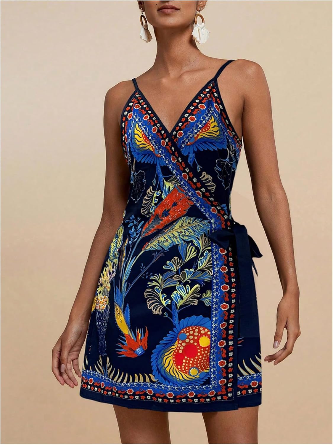Women's Tropical Print Cami Dress Sleeveless Wrap V Neck Tie Knot Boho Short Dresses - Image 4