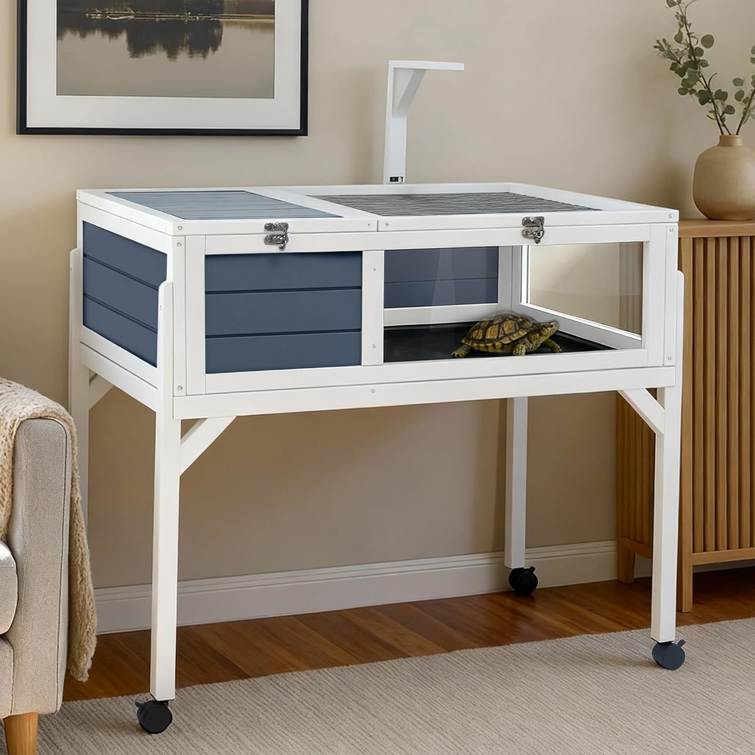 Large Tortoise Habitat Wooden Reptile Enclosure Indoor Outdoor Turtle Cage Reptile Terrarium House with Leg Wheel Storage Shelf Tray Adjustable Lamp Holder Bearded Dragon Iguana Snake 34x20x30