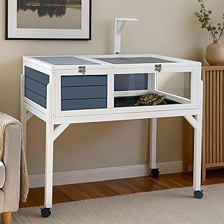 Large Tortoise Habitat Wooden Reptile Enclosure Indoor Outdoor Turtle Cage Reptile Terrarium House with Leg Wheel Storage Shelf Tray Adjustable Lamp Holder Bearded Dragon Iguana Snake 34x20x30