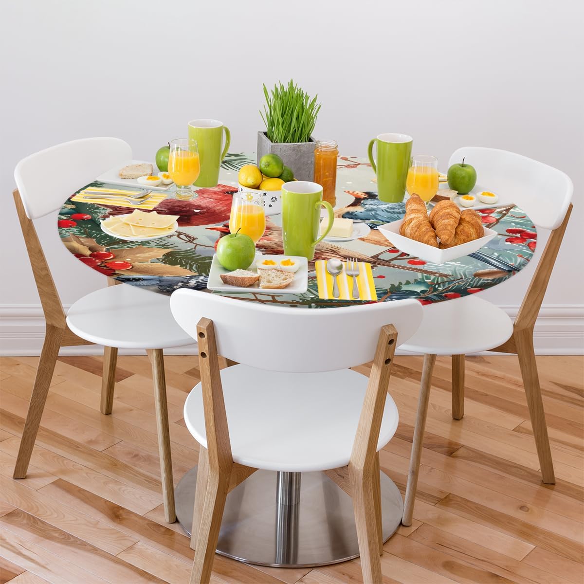 Round Tablecloth with Elastic Edge Cardinal Christmas Retro Fitted Circle Table Cover Wipeable Round Table Cloth for Indoor Outdoor Patio Dining Kitchen Festival Decor Gift for 45-50inch Tables