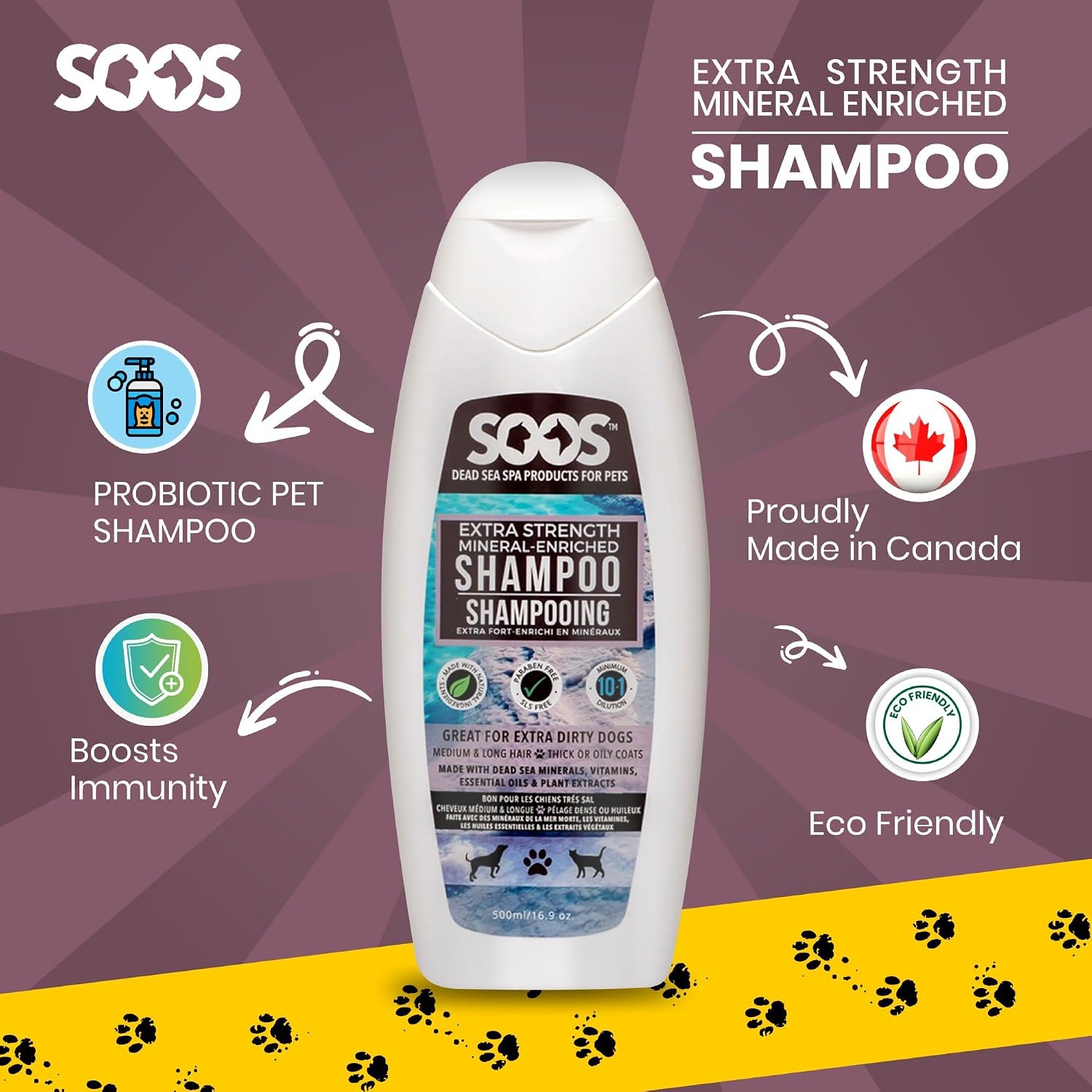 Soos Pet Shampoo Extra Strength Cat and Dog Shampoo Natural Dead Sea Minerals Fast Absorbing - 1x Bottle (500ml)