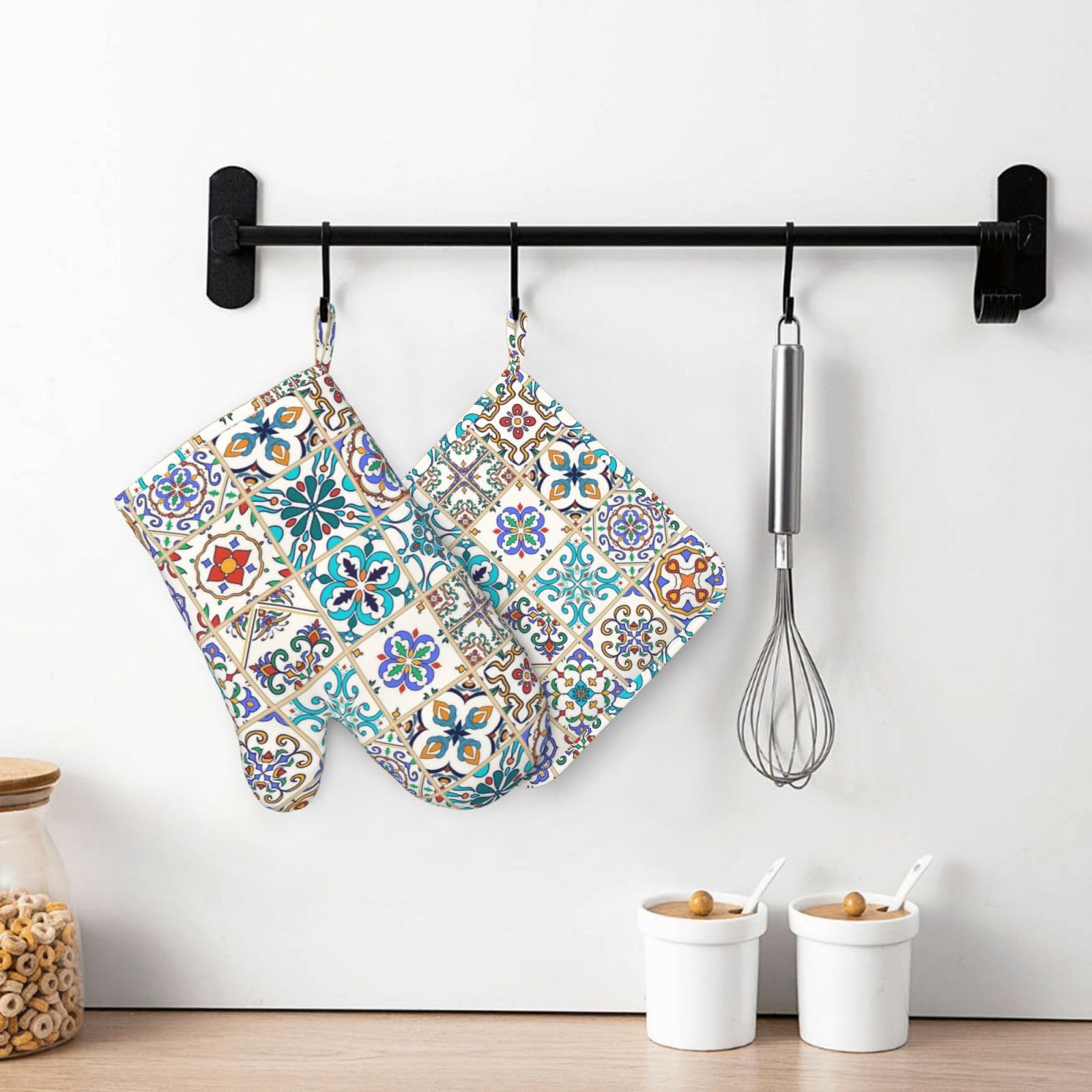Boho Talavera Lot de 4 maniques et maniques à carreaux mexicains et ethniques exotiques résistants à la chaleur Motif mandala coloré Pour cuisine, pâtisserie, grillades et barbecue