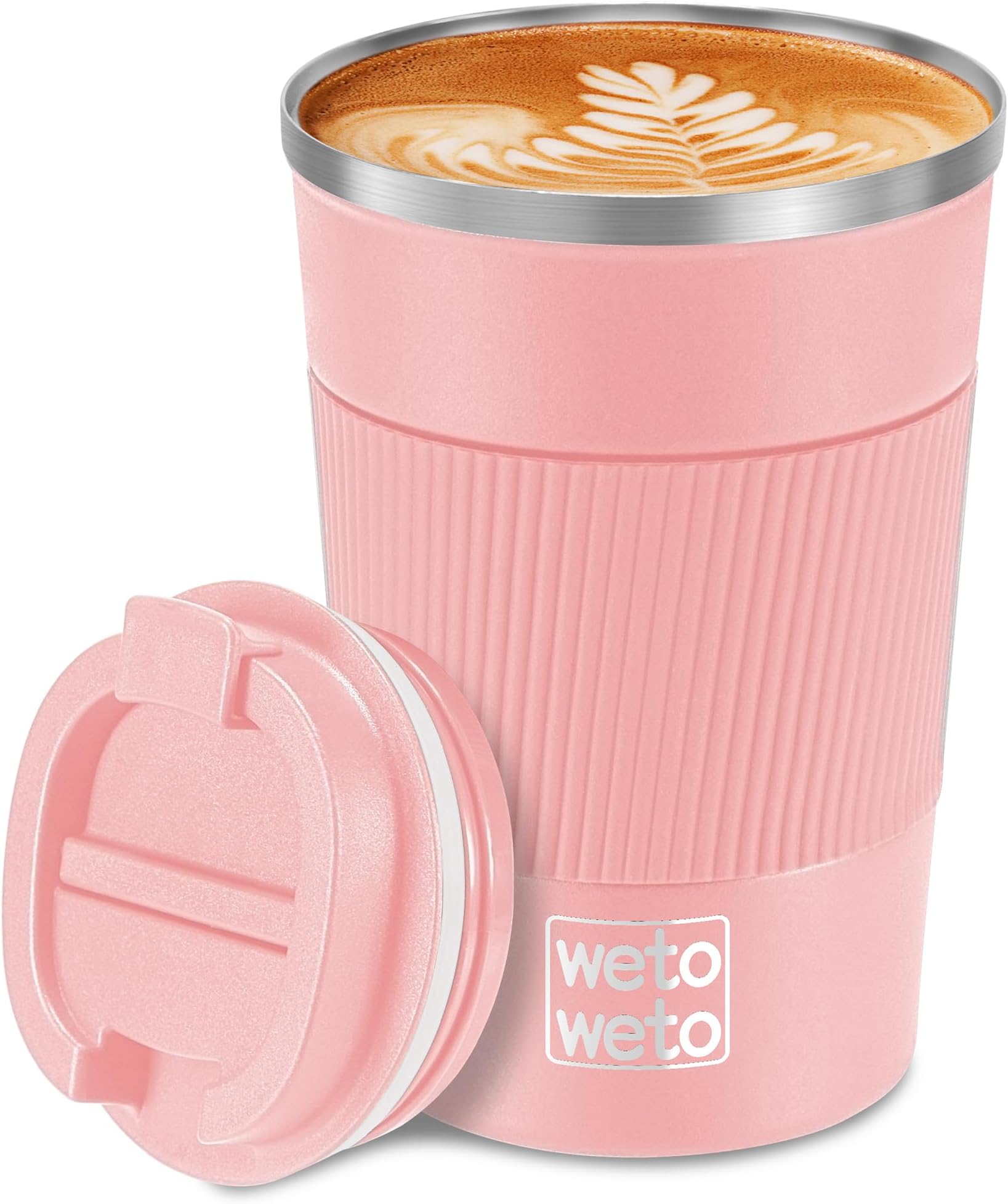 WETOWETO 12 oz Insulated Coffee Cup, Spill Proof Travel Coffee Mug, Vacuum Stainless Steel Coffee Tumbler, Coffee Mug with Lid, Portable Thermal Mug, Reusable Travel Coffee Cup(Pink)