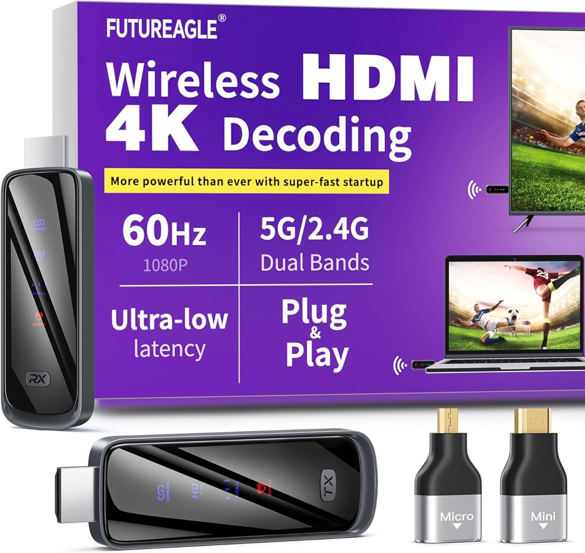 Wireless HDMI Transmitter and Receiver 328FT/100M,4K Decode Plug & Play Portable 5G+2.4G Wireless Display Adapter Extender Kit for Video and Audio to Monitor from PC/Projector/TV Box