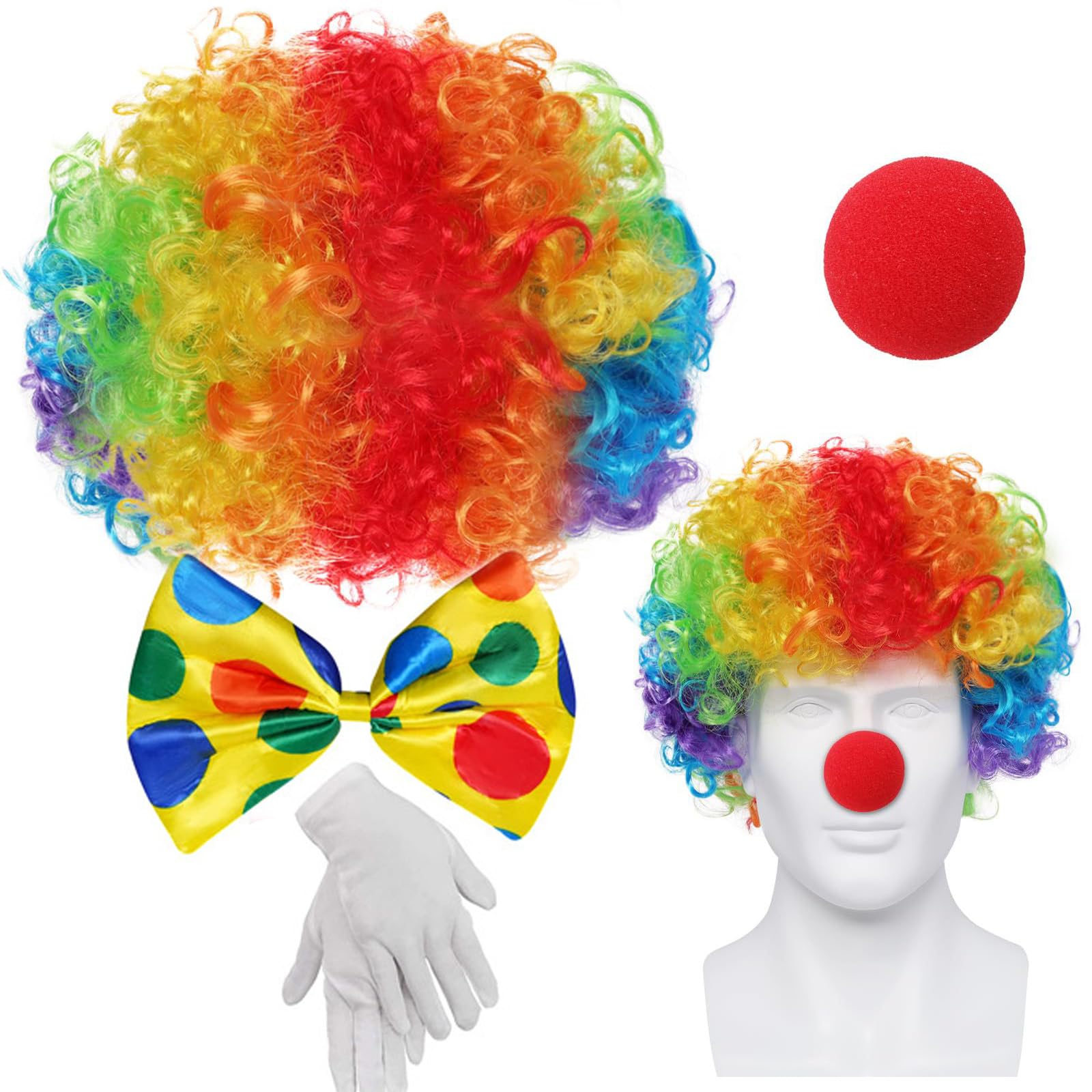 Golden Apple Halloween Cosplay Party Clown Costume Set, Rainbow Curly Wig, Polka Dot Bow Tie, Red Nose, White Gloves, Set of 4